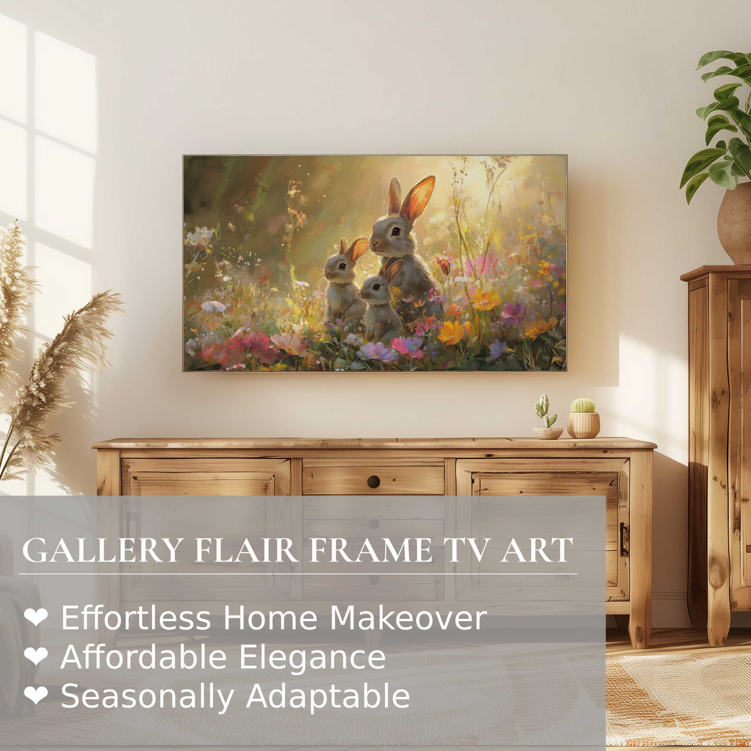Samsung Frame TV displaying elegant easter digital artwork of rabbits in a sunlit floral meadow, perfect modern decor