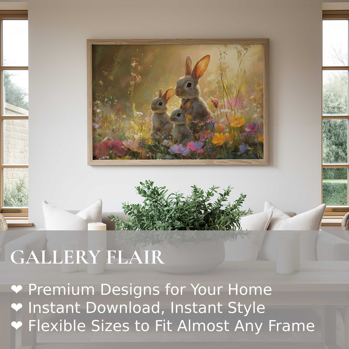Easter wall art print featuring radiant, tender rabbits amid vibrant spring blooms, enhancing modern minimalist interiors with warm, serene charm
