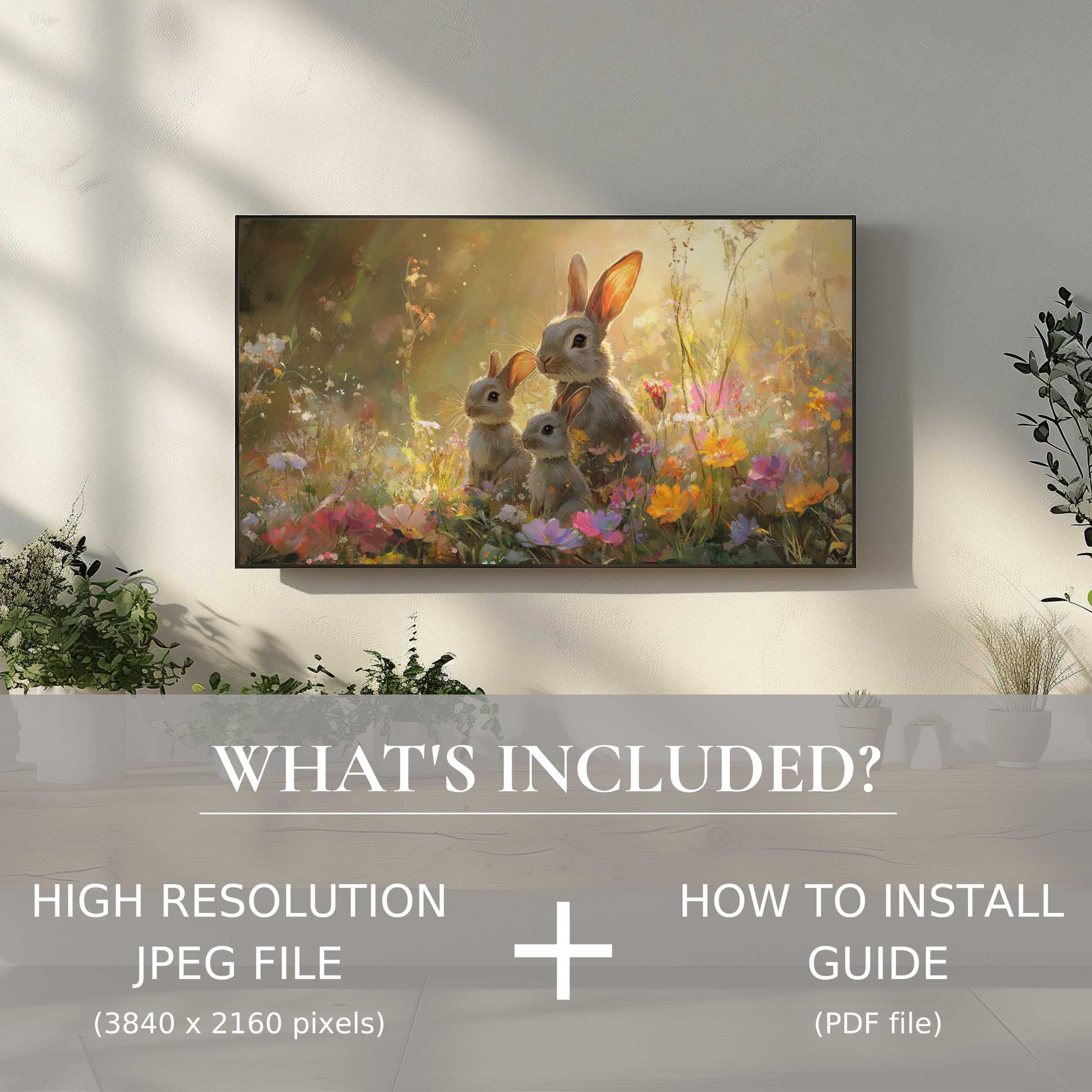 Elegant easter digital TV art download features radiant bunnies, enhancing your living space with easy digital use and charm