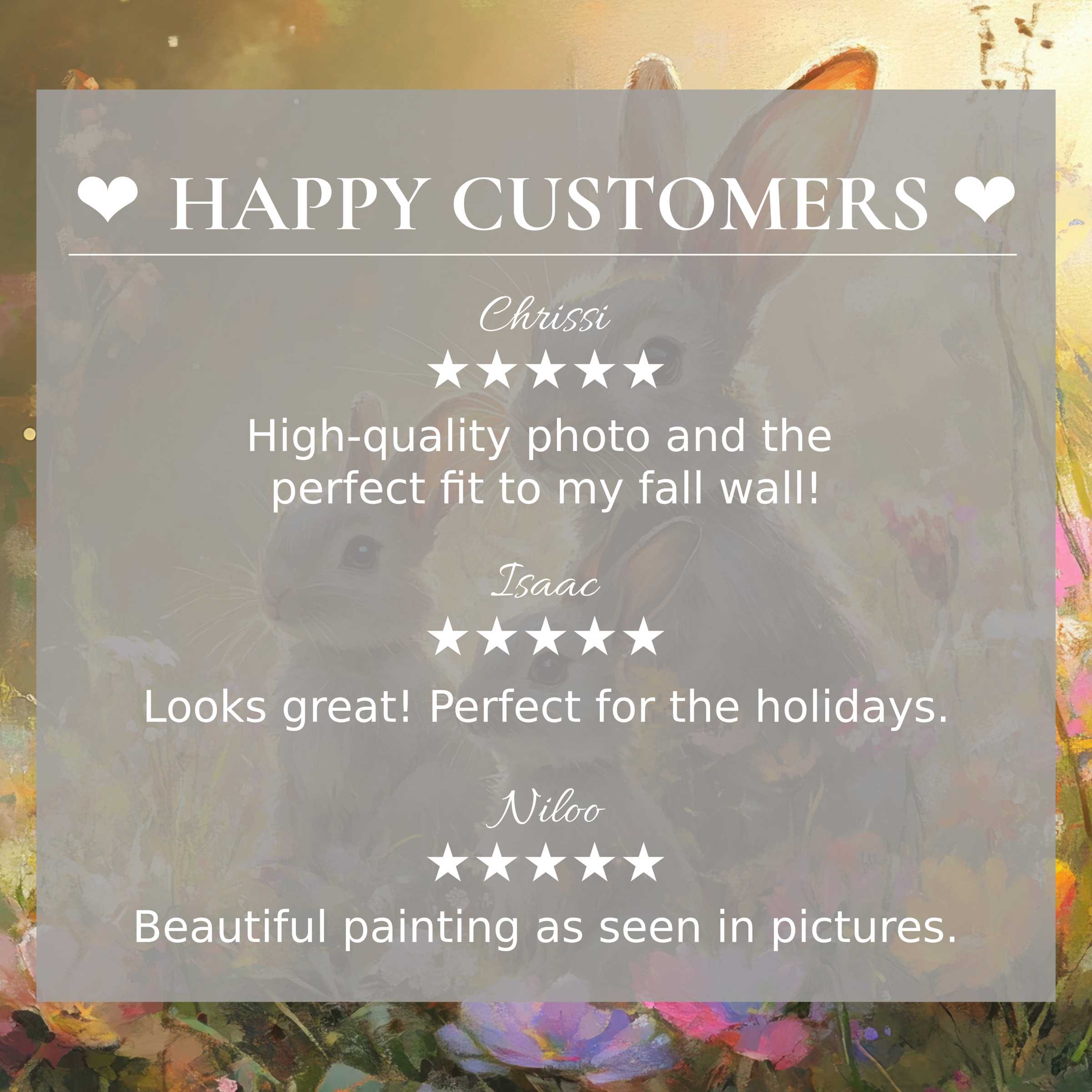 Elegant easter art for Frame TV with soft floral tones and rabbits, showcasing happy customer reviews that build trust