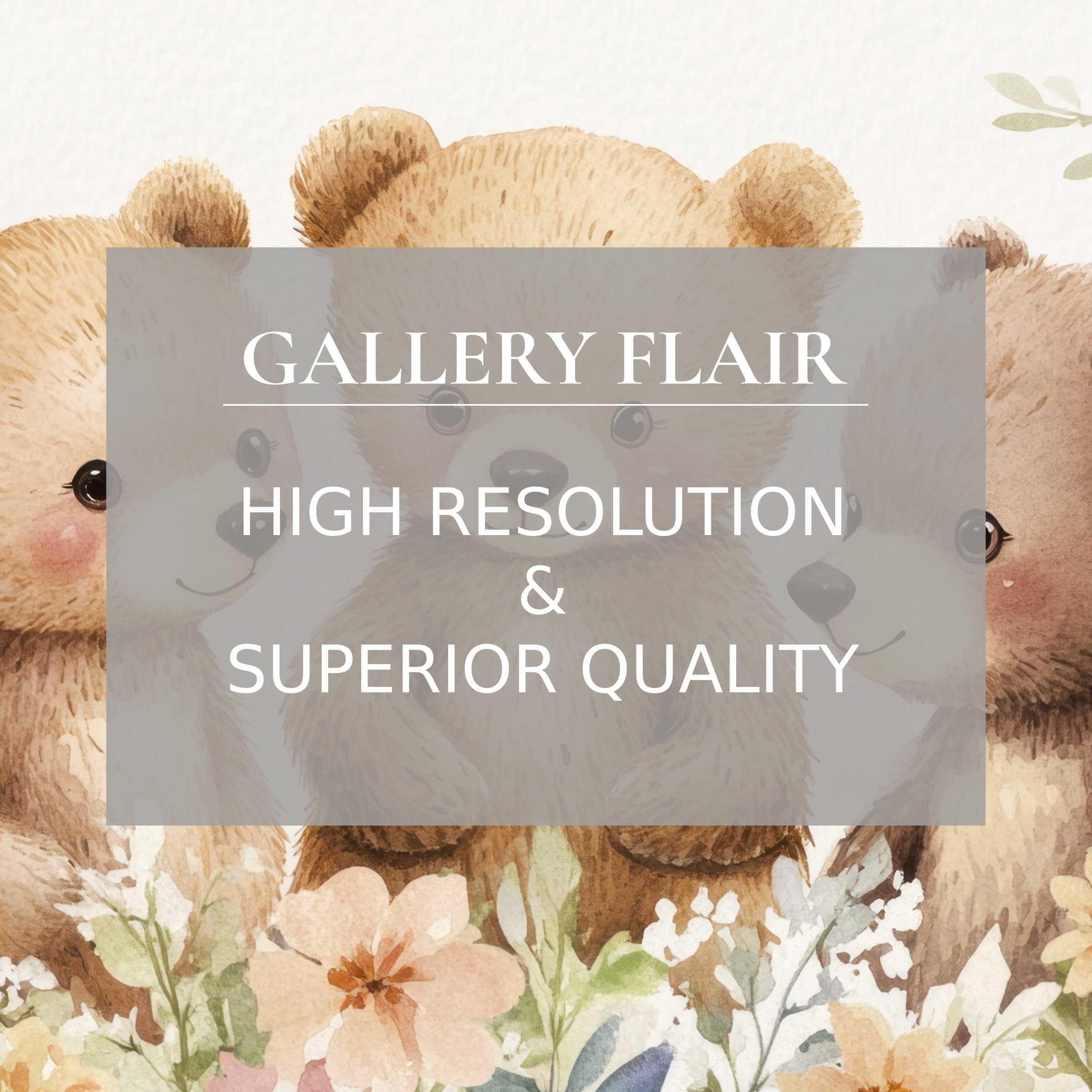 Charming nursery printable art featuring soft, warm watercolor bears and delicate florals, elevating serene, stylish nursery decor with refined detail