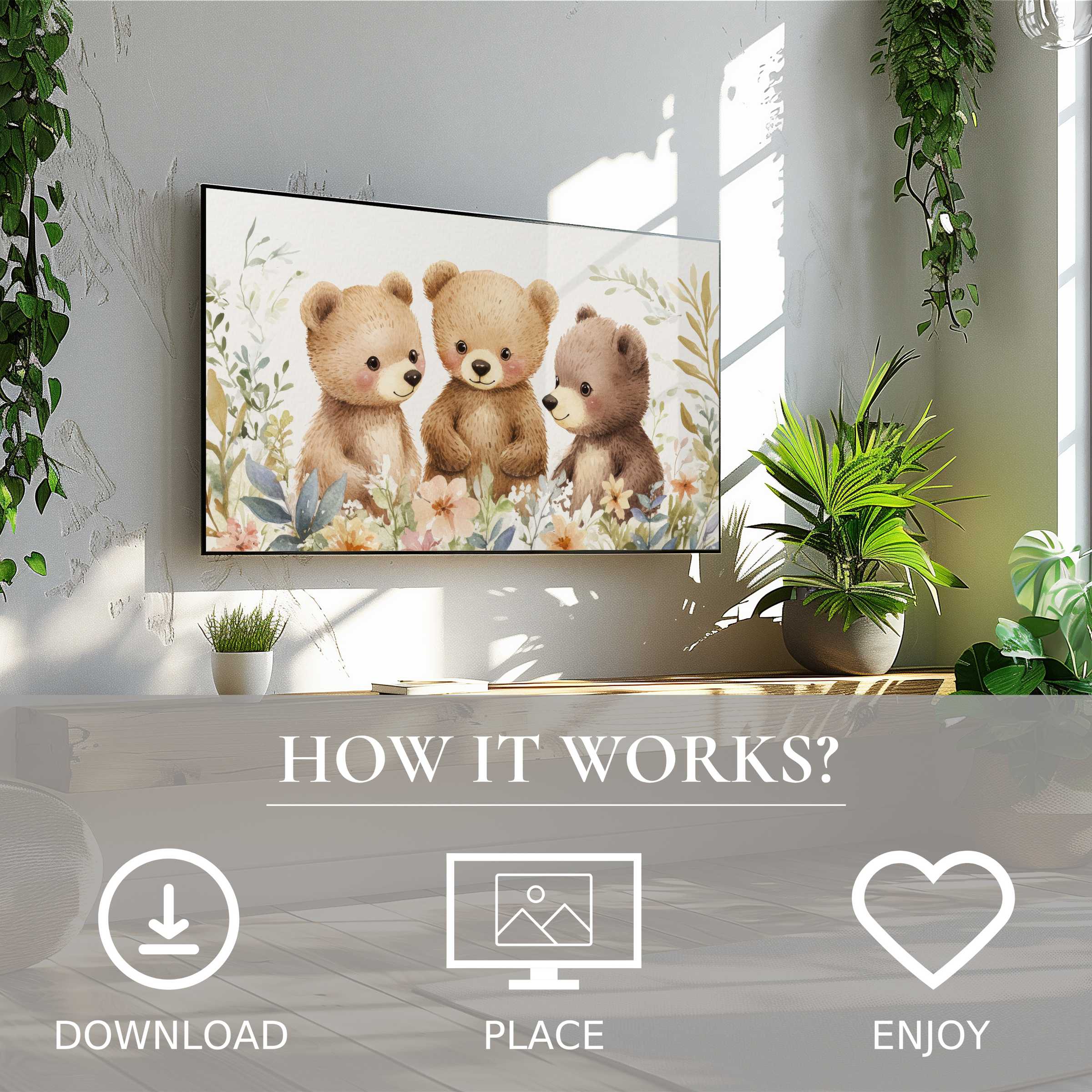 Nursery art for Samsung TV: digital download shows soft-toned bear trio motif enriching modern living with ease and charm