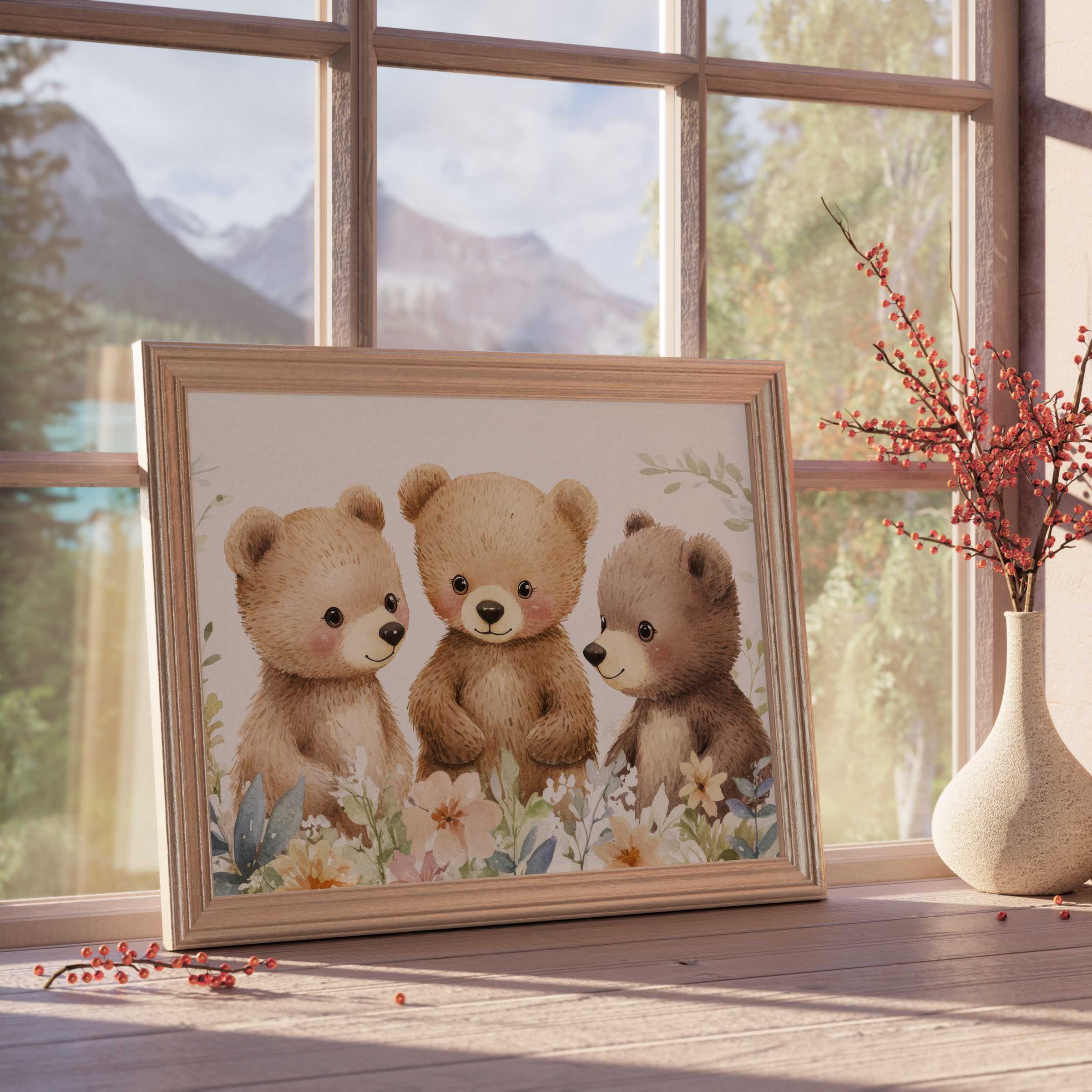 Nursery downloadable art featuring trio of softly painted teddy bears amid delicate florals, enhancing serene, stylish nurseries