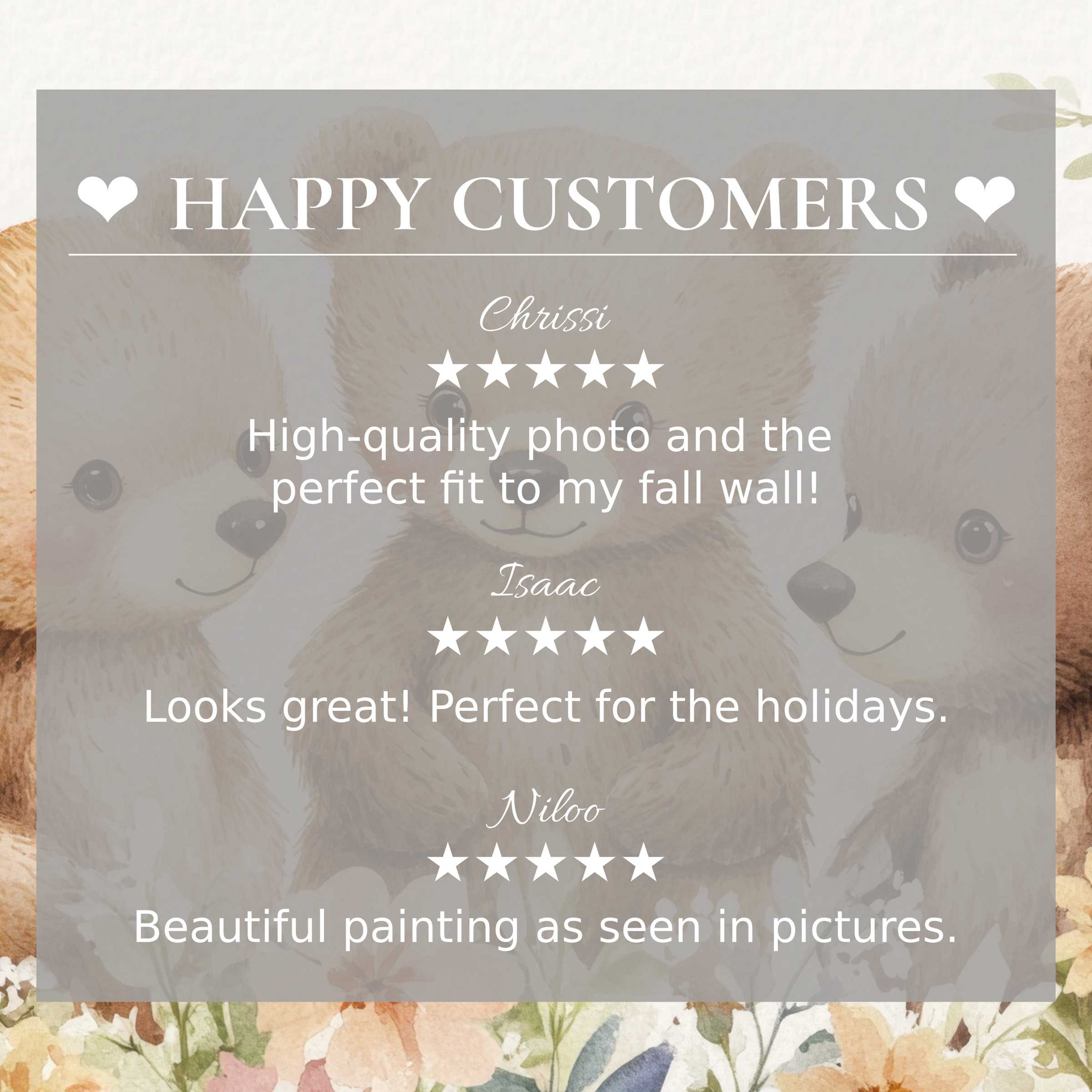 nursery art for Frame TV with soft bear illustration, highlighting a happy customer's praise and elegant, trusted design