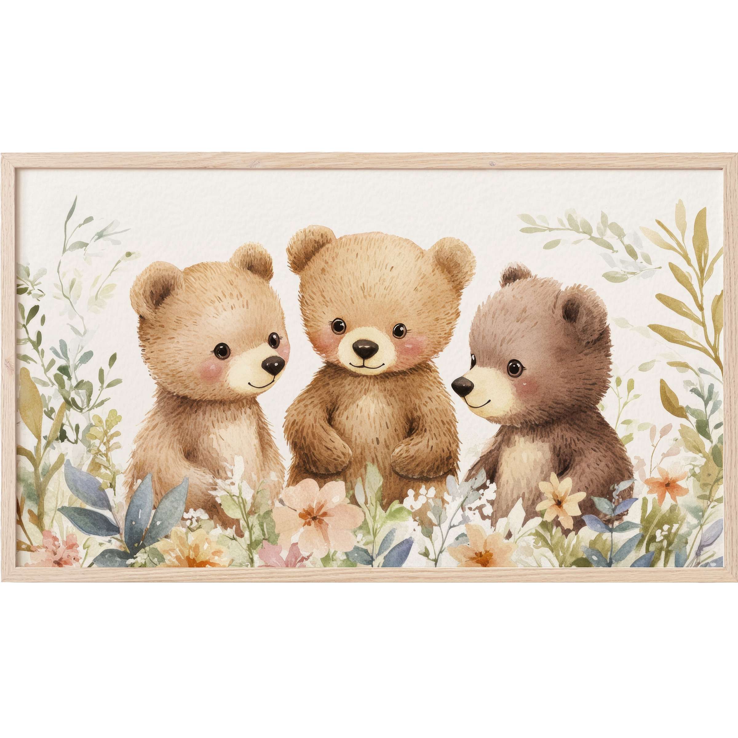 Whimsical watercolor bears amidst soft florals in muted earth tones, perfect nursery Frame TV Art for stylish nurseries