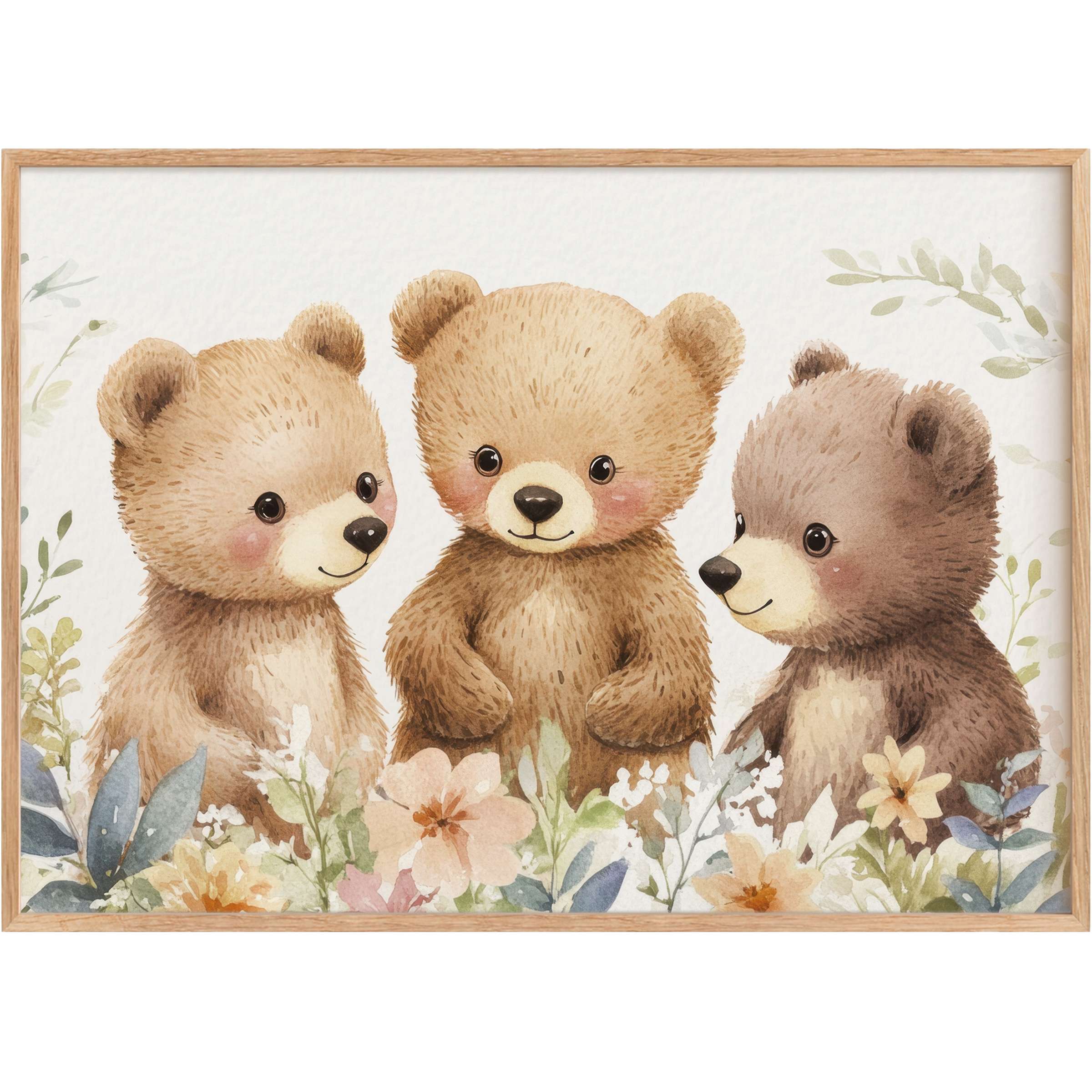 Charming nursery printable wall art featuring three warm-toned bears amid soft pastel florals, evoking a tender, serene ambiance