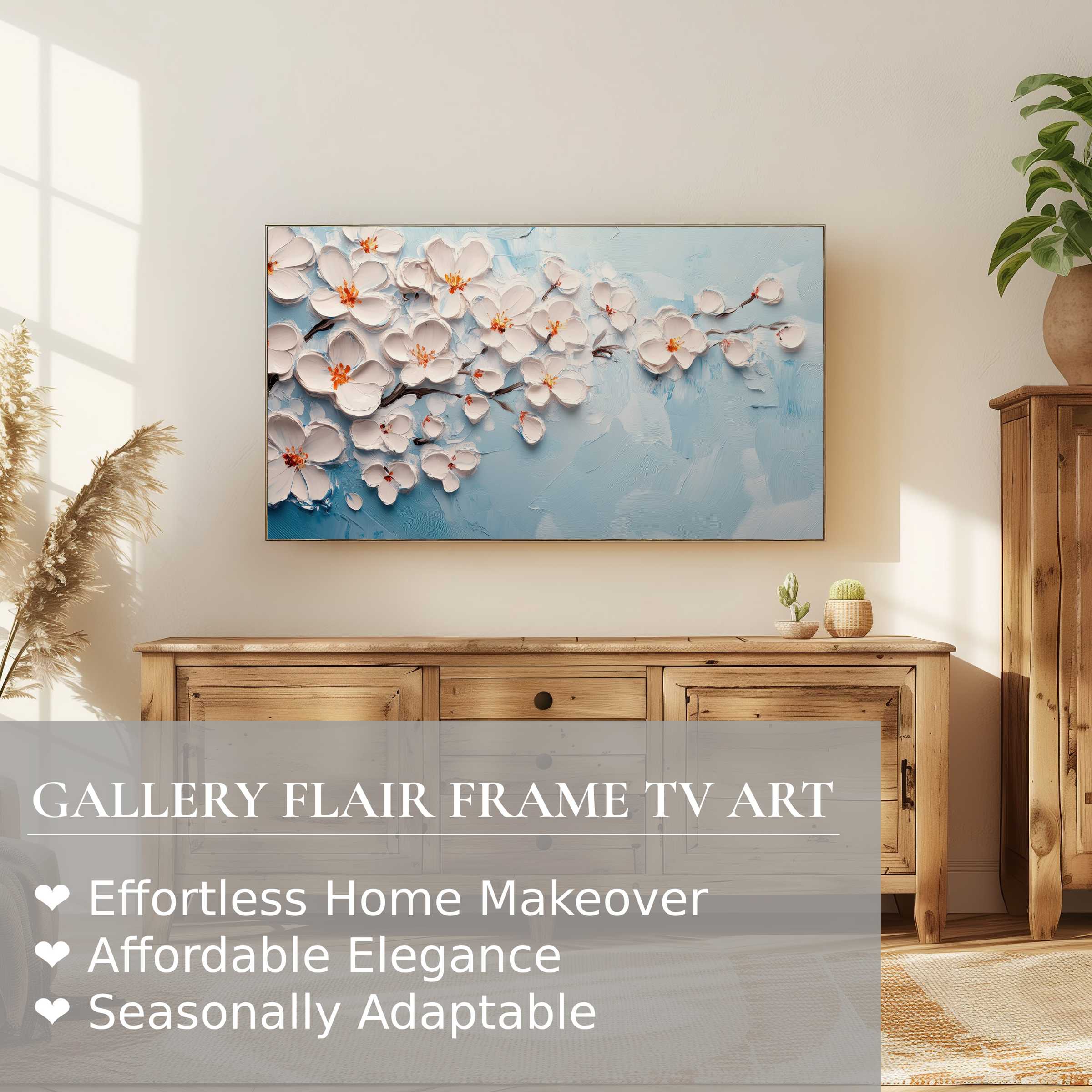 Samsung Frame TV showcases refined botanical digital artwork with soft blossoms, enhancing modern natural home decor