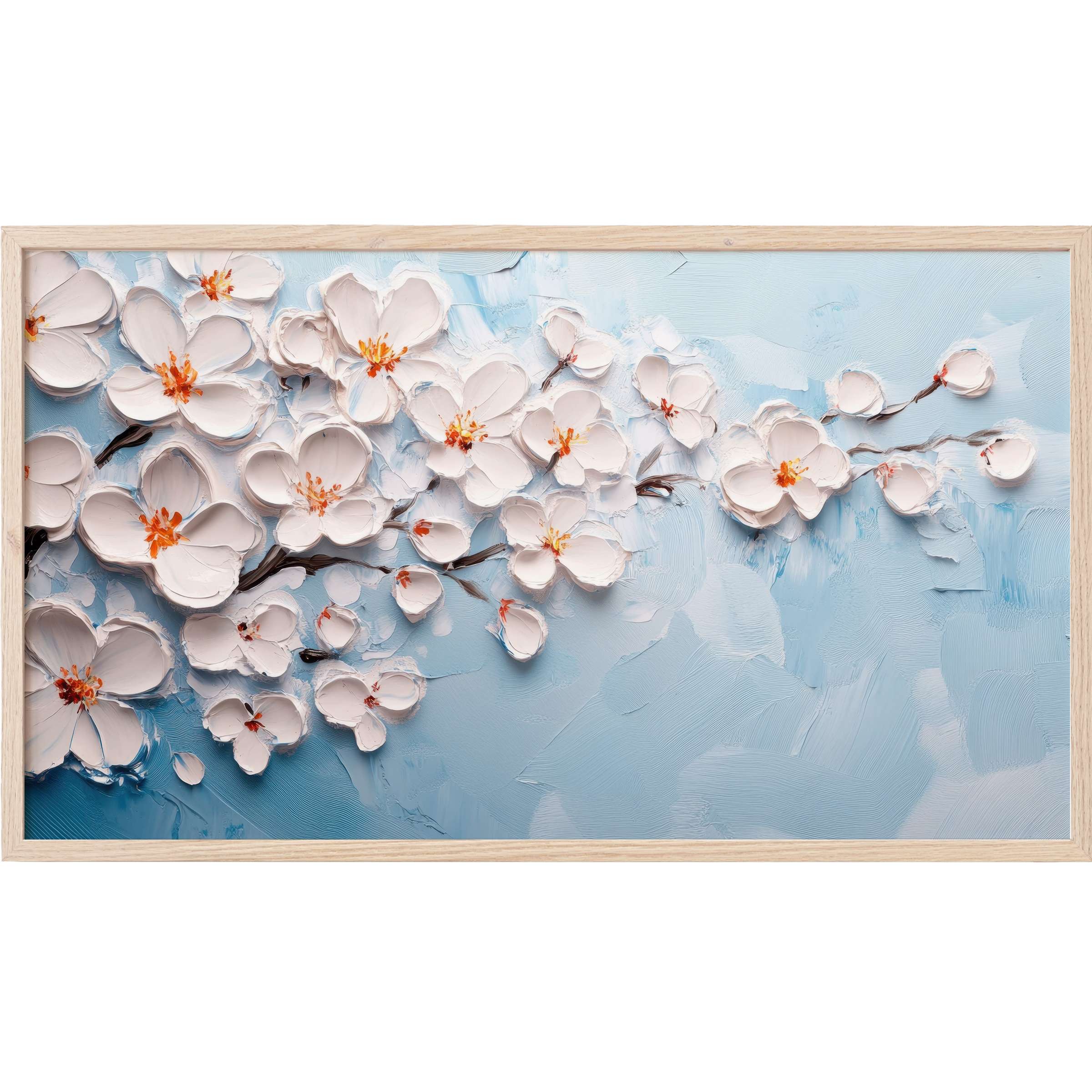 Soft white blossoms with orange accents on textured blue background, framed in light wood, botanical Frame TV Art