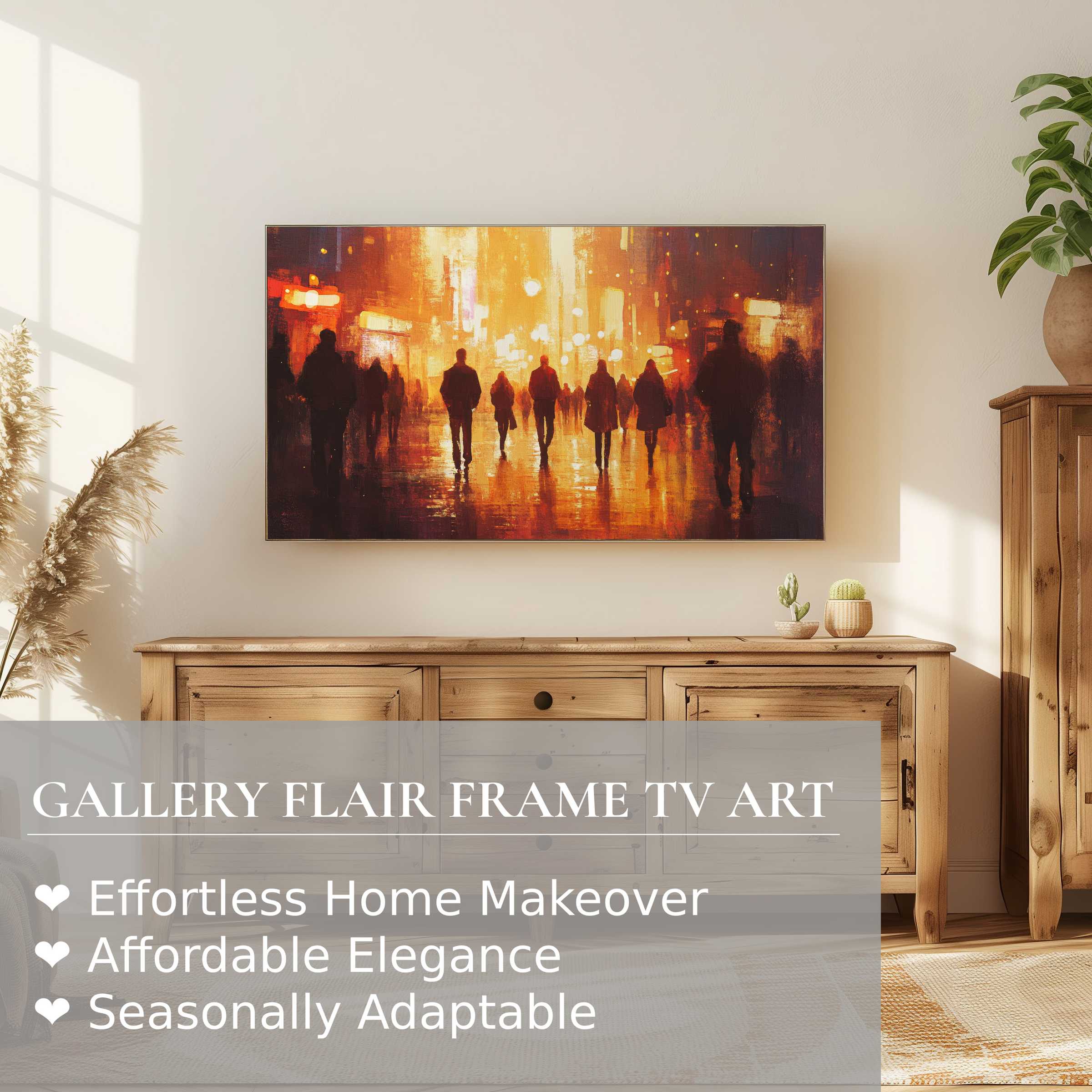 Samsung Frame TV displays elegant urban digital artwork with warm tones, perfect for sophisticated home decor
