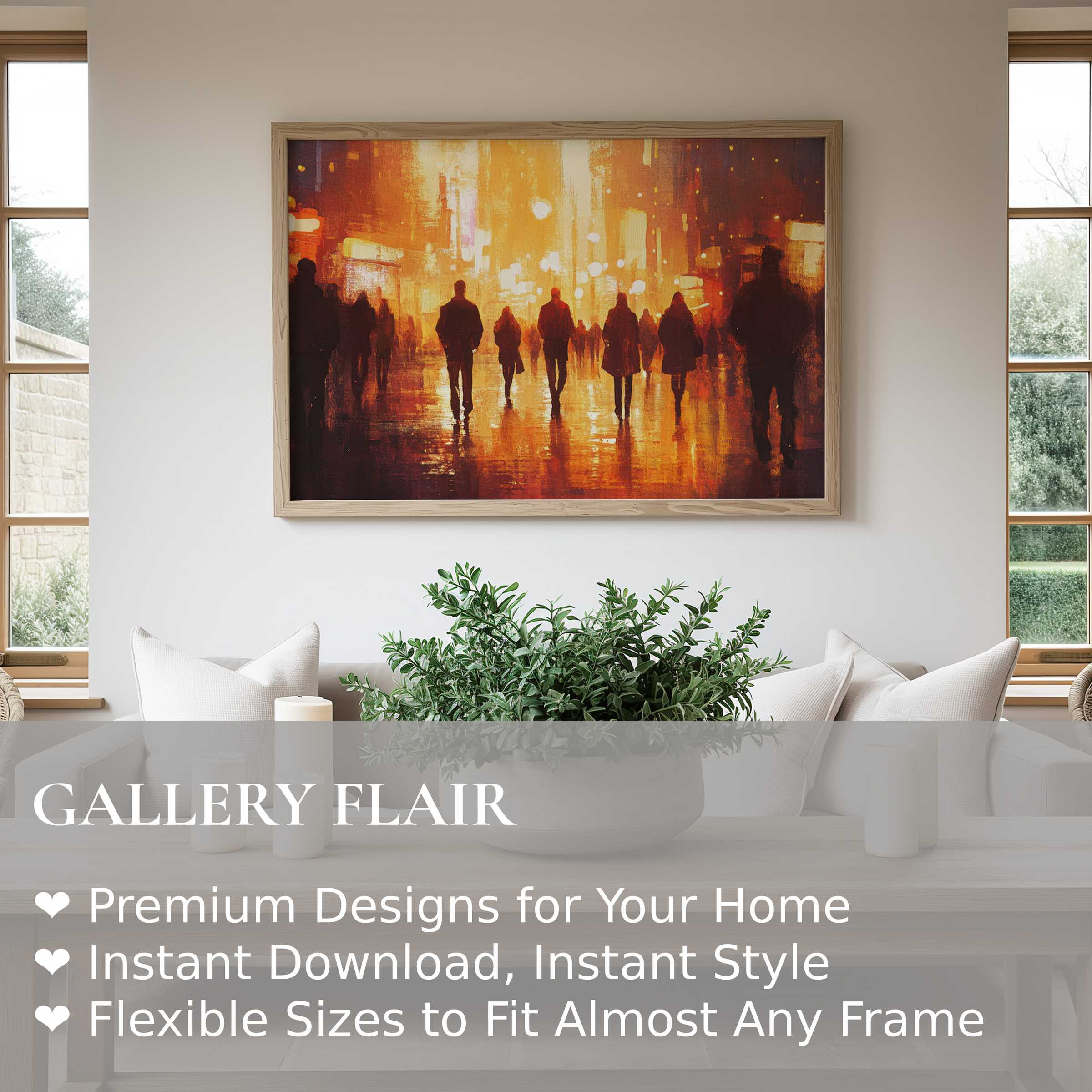 Urban art wall art print with glowing amber tones and silhouetted figures, adding bold warmth to a modern minimalist living space