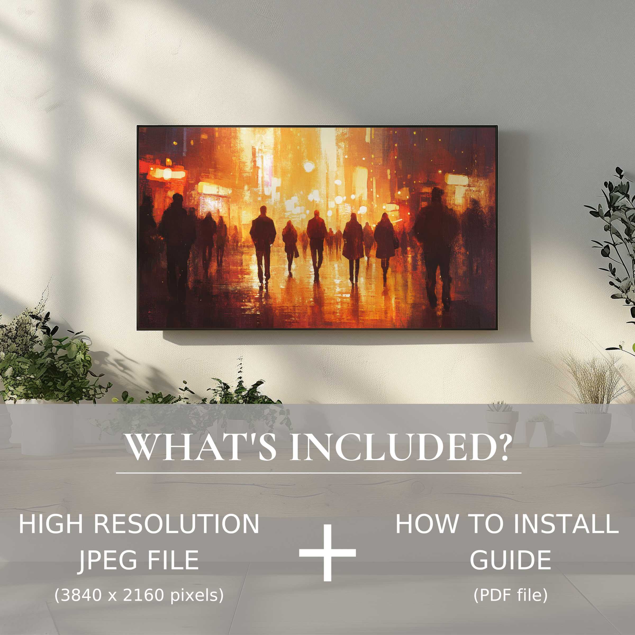 Urban digital TV art download showcasing warm city lights, easily elevating modern living spaces with stylish digital ease