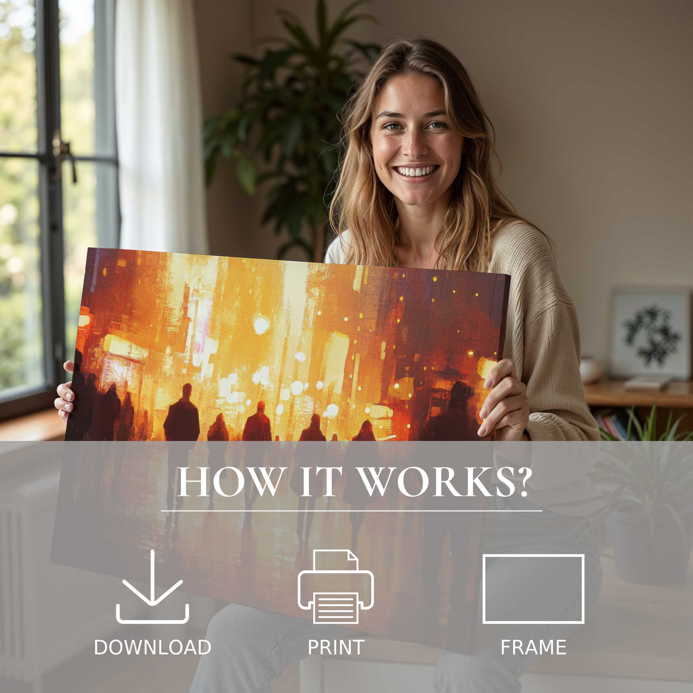 Radiant urban digital art print embraced in a modern home, evoking warmth, connection, and effortless elegance in living with art