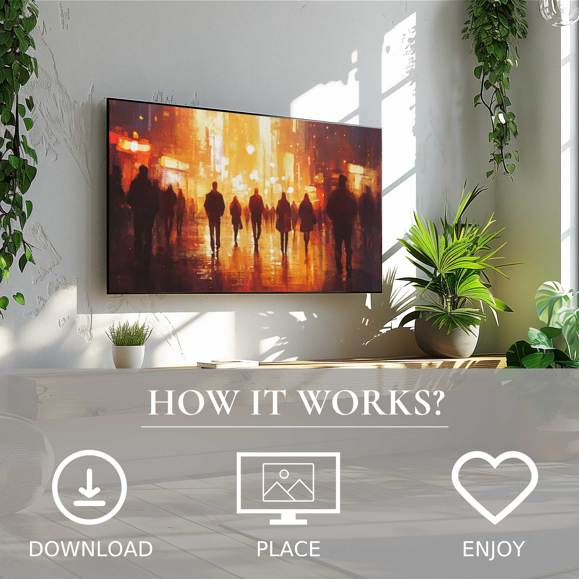 Modern living room with urban art for Samsung TV showing warm cityscape glow, easy digital download enriches space