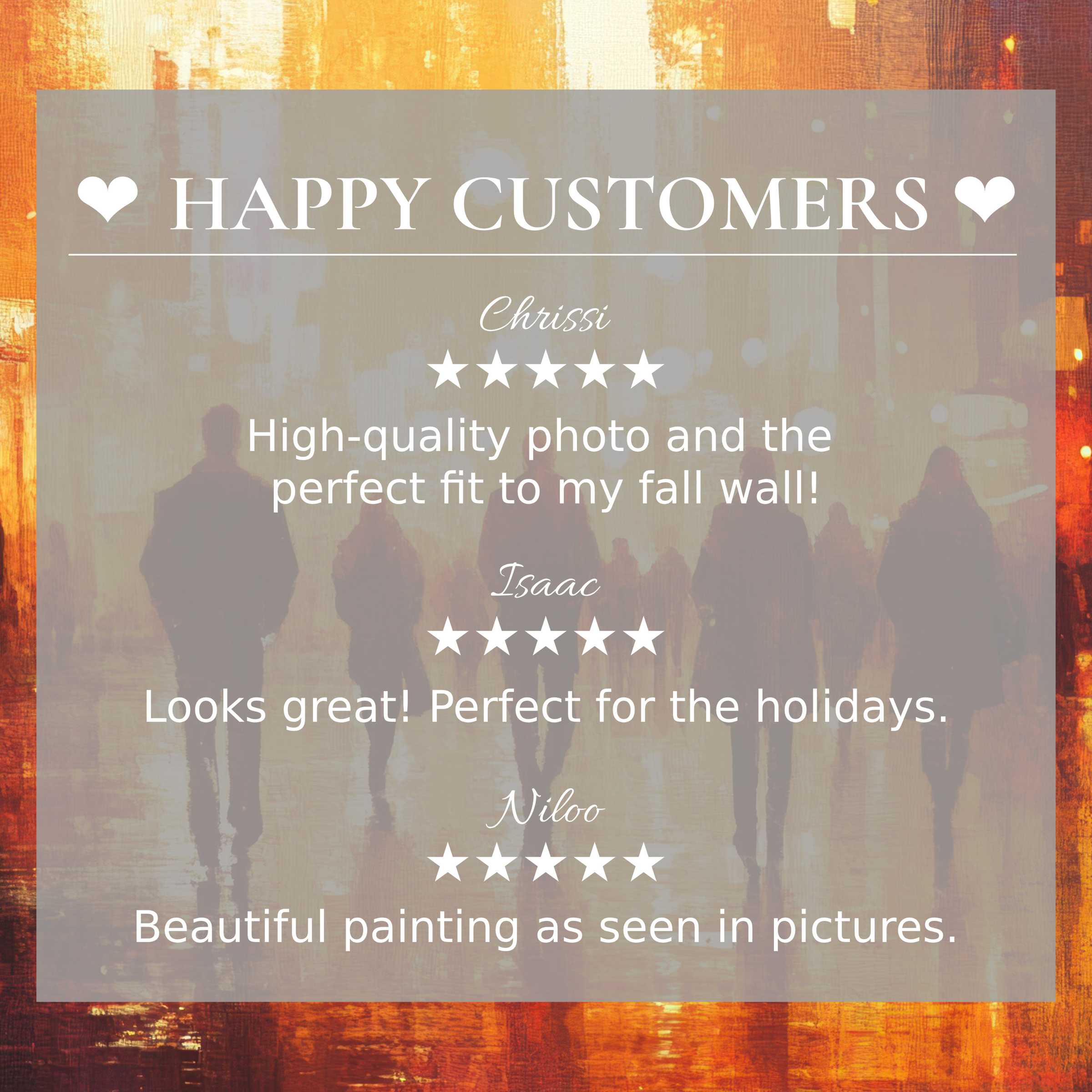 Urban art for Frame TV with warm abstract sunset hues, showcasing happy customer reviews and elegant, trusted design