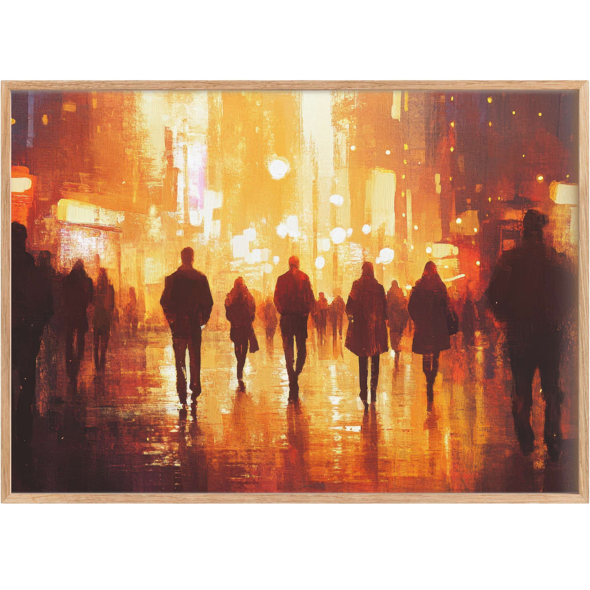 Vibrant urban printable wall art capturing dusk city life in glowing amber and deep rust tones, evoking warmth and dynamic energy