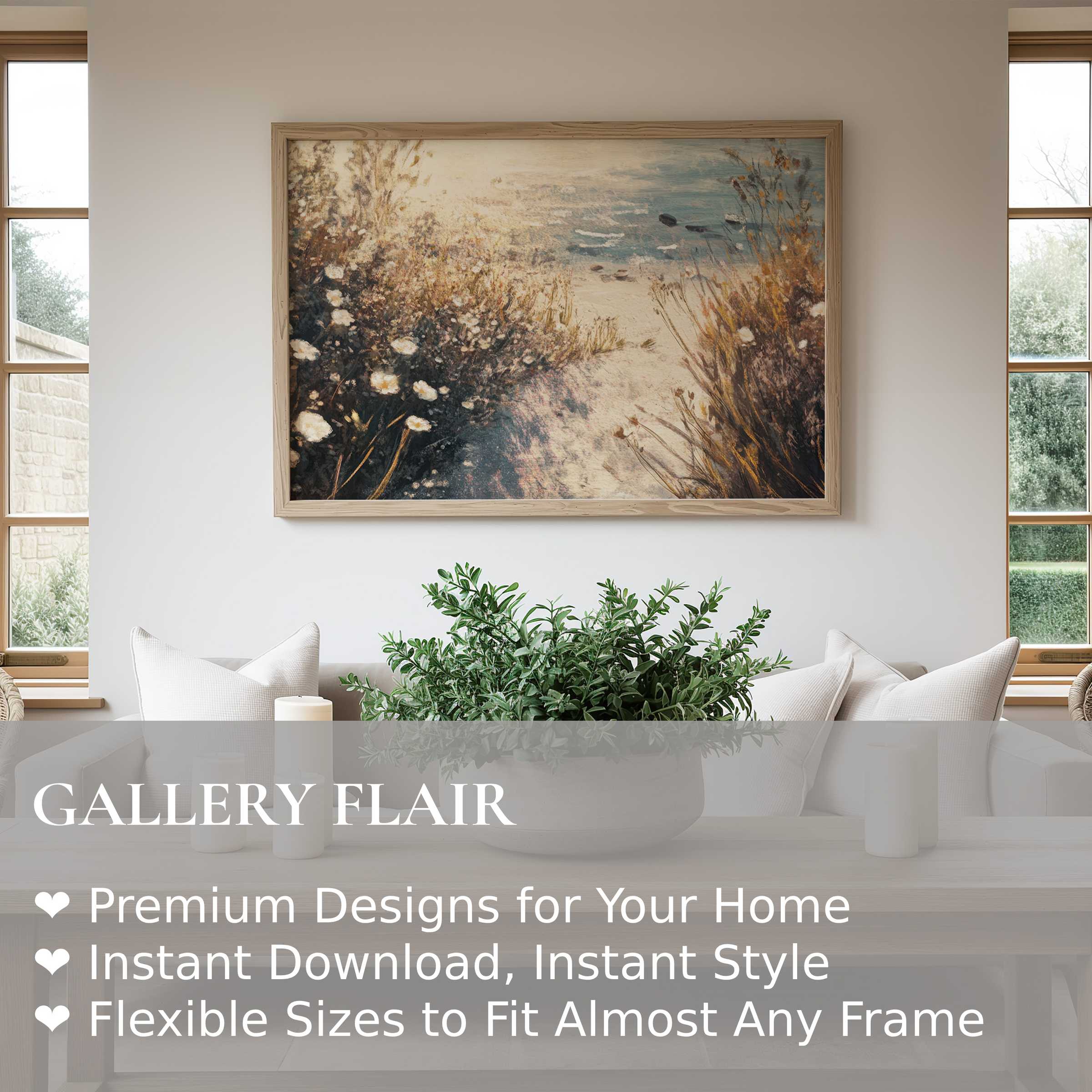 Coastal wall art print capturing a soft, calming shoreline scene with warm earthy tones; elevates modern minimalist interiors with serene, natural elegance