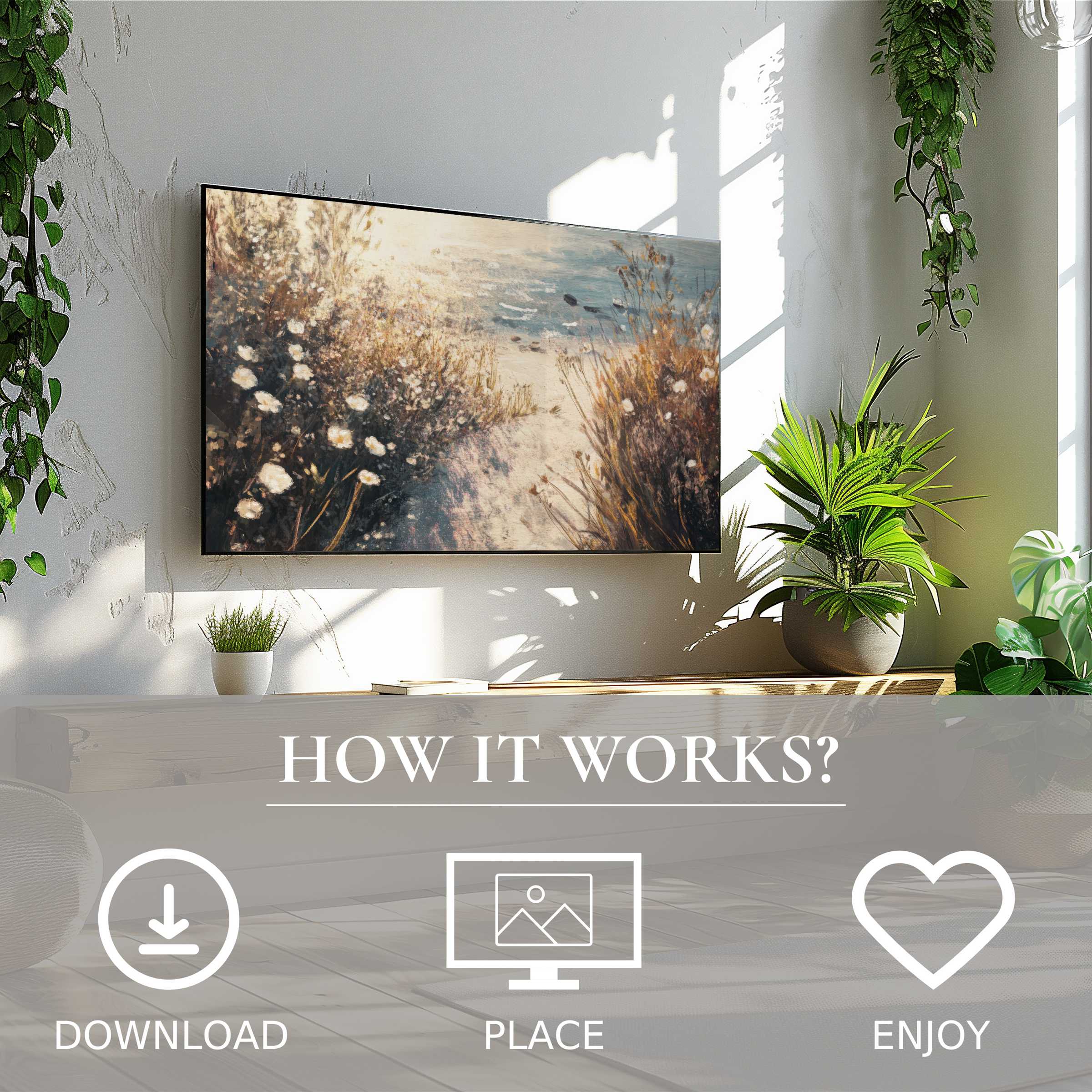 Coastal art for Samsung TV with soft sunset tones, easy digital download, enriching modern living spaces effortlessly