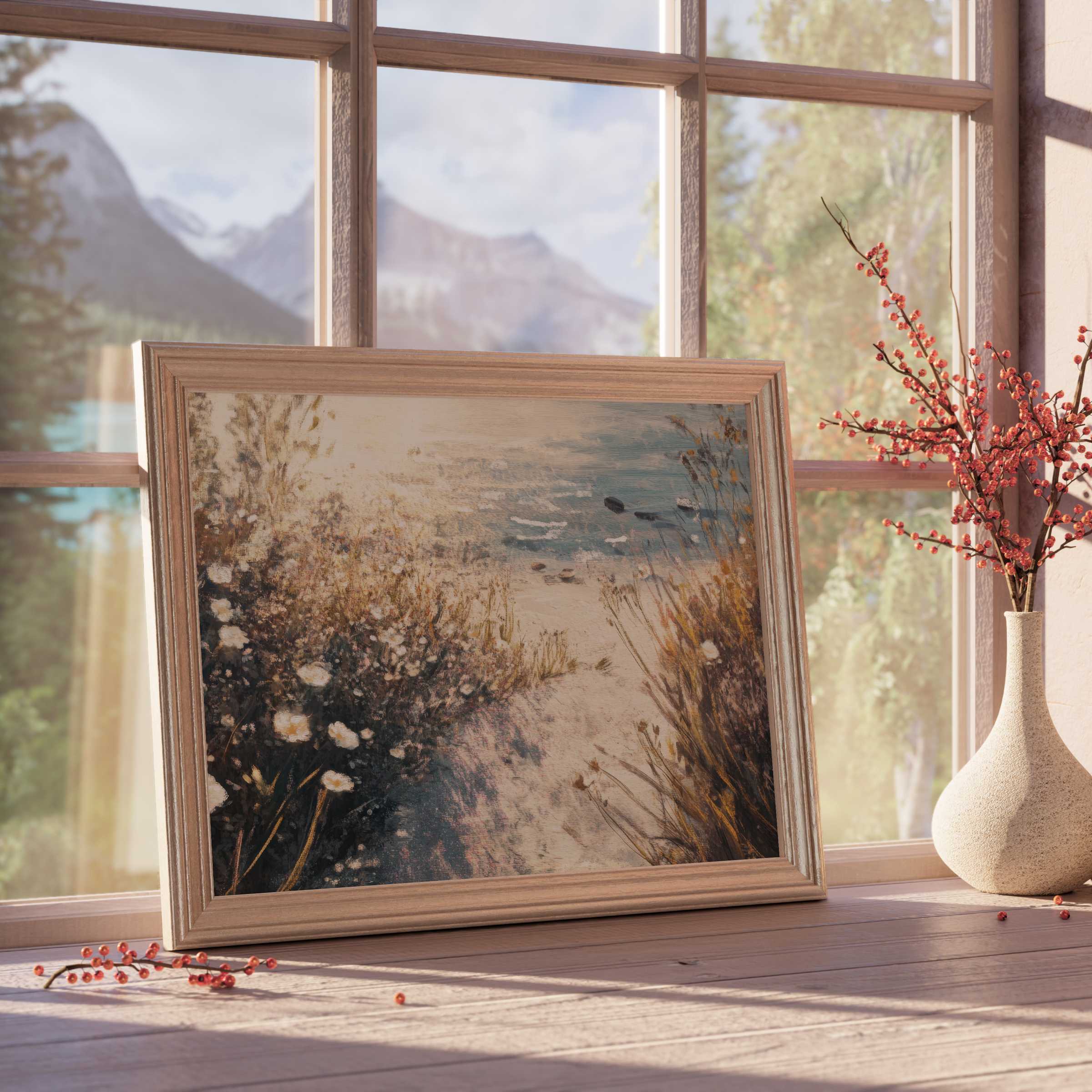 Coastal downloadable art capturing serene shore blooms and gentle waves, perfect for curated, tranquil, design-forward interiors