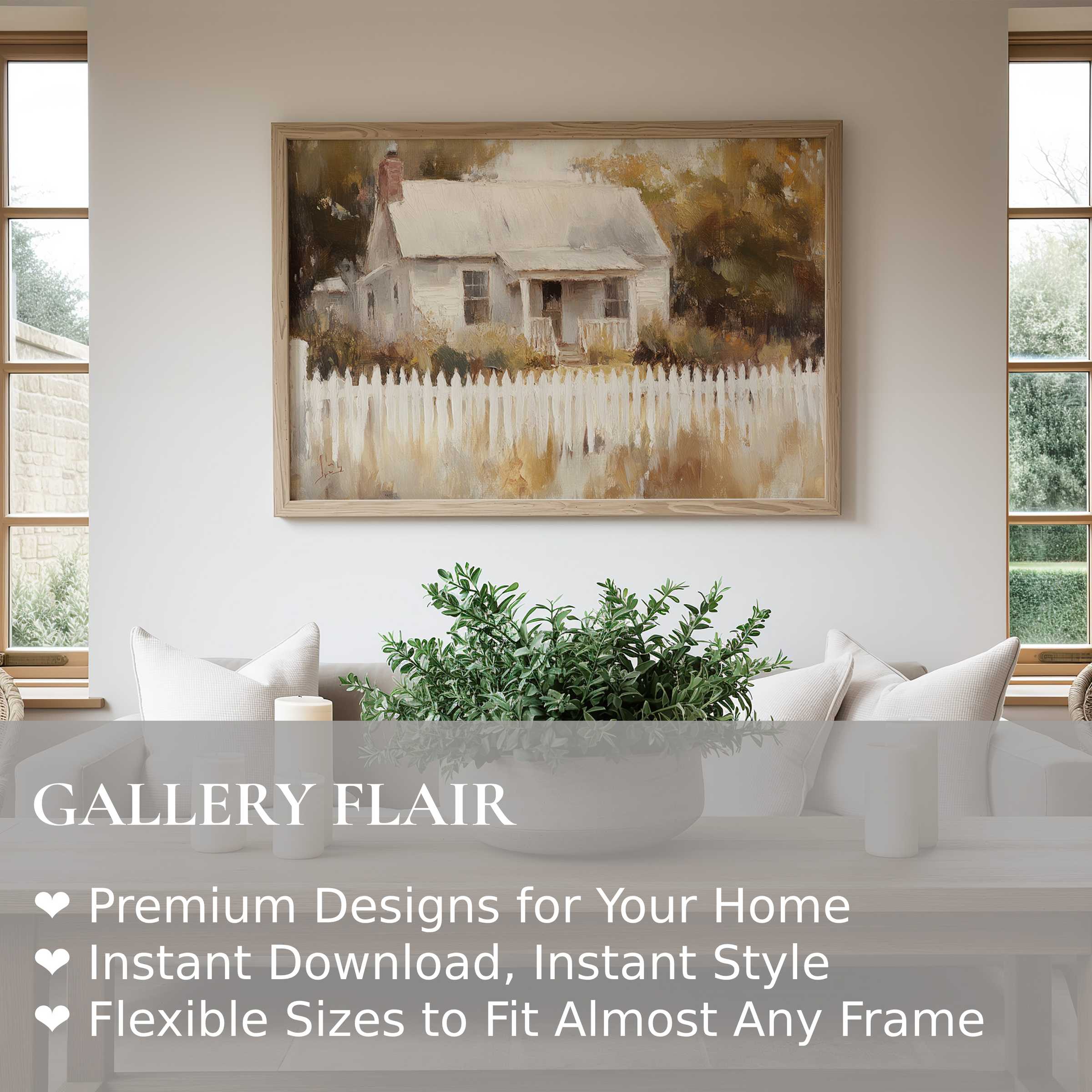Farmhouse wall art print featuring a radiant, nostalgic country cottage with soft neutrals and rustic charm Enhances modern farmhouse interiors