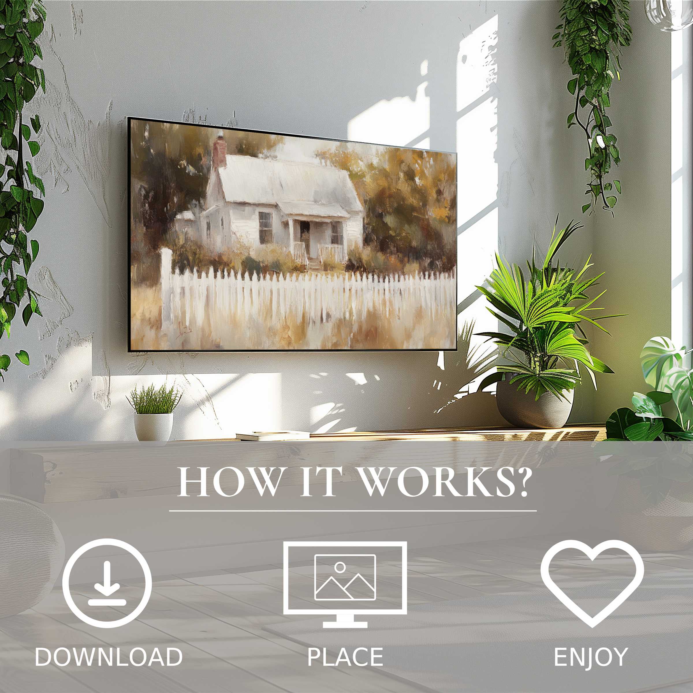 Farmhouse art for Samsung TV shows soft sunset tones; easy digital download enriches modern living spaces with warmth