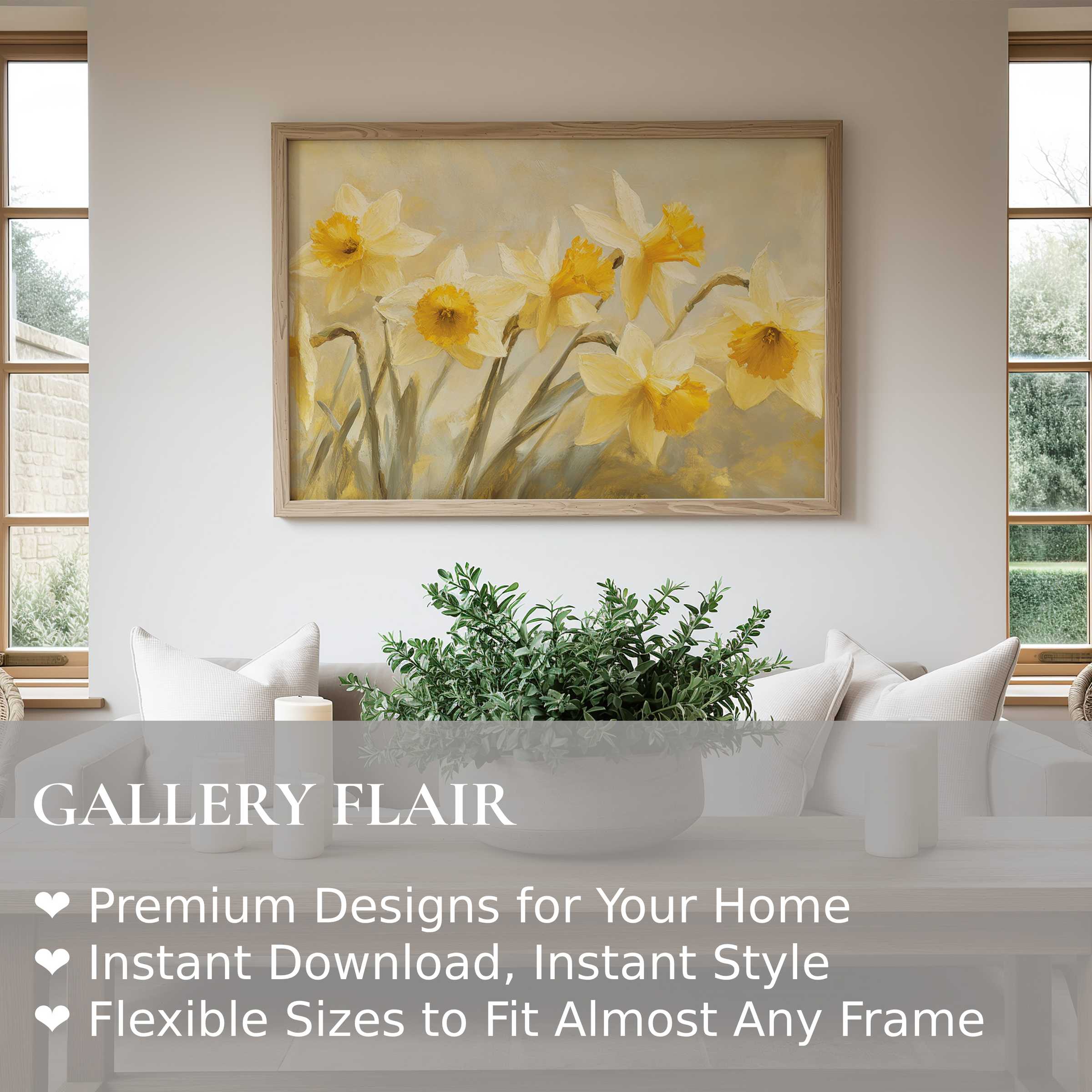 Spring wall art print featuring radiant daffodils in soft yellows, enhancing modern minimalist interiors with fresh, calming elegance and natural warmth