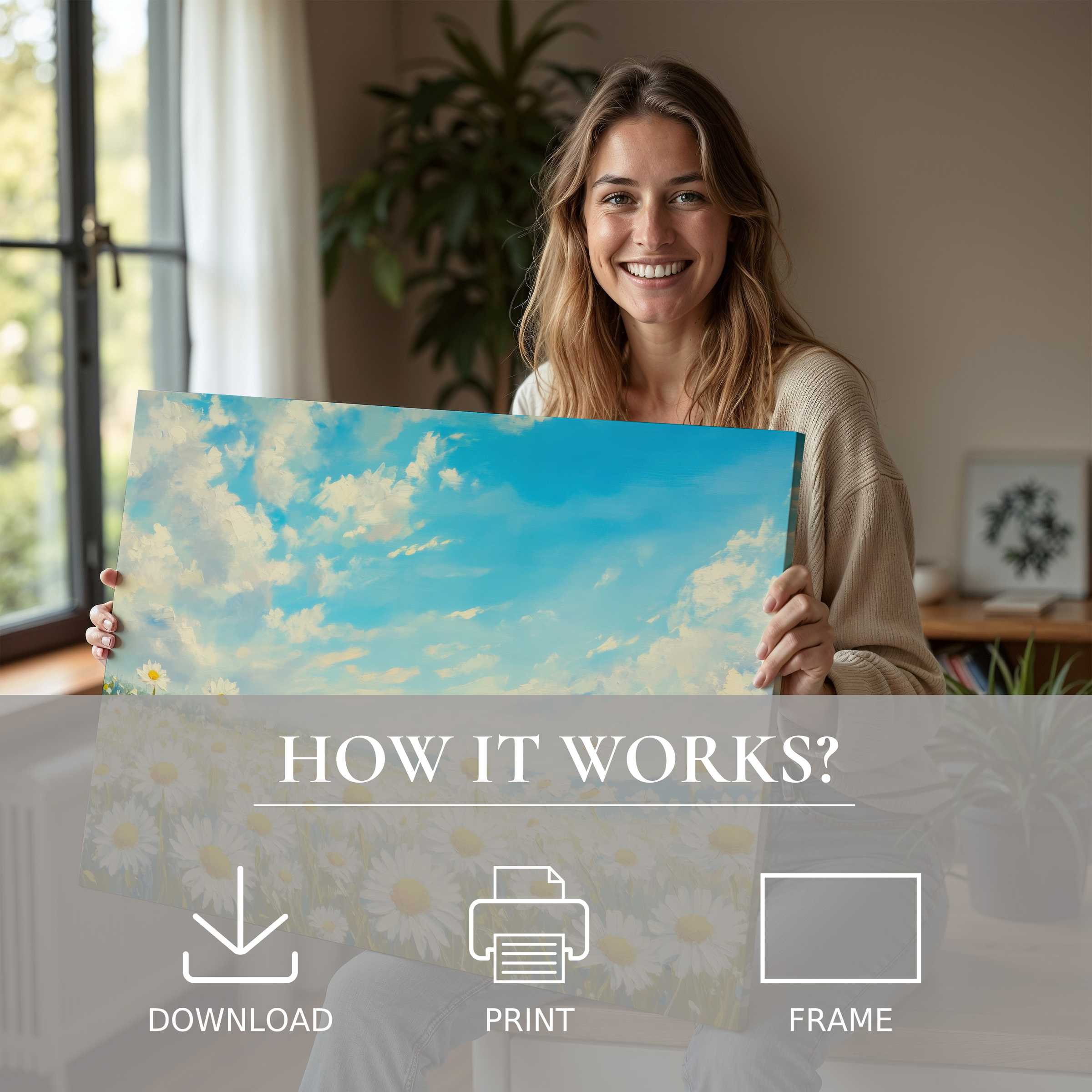 A serene moment captured as a woman brings joy to her stylish home with a vibrant floral digital art print