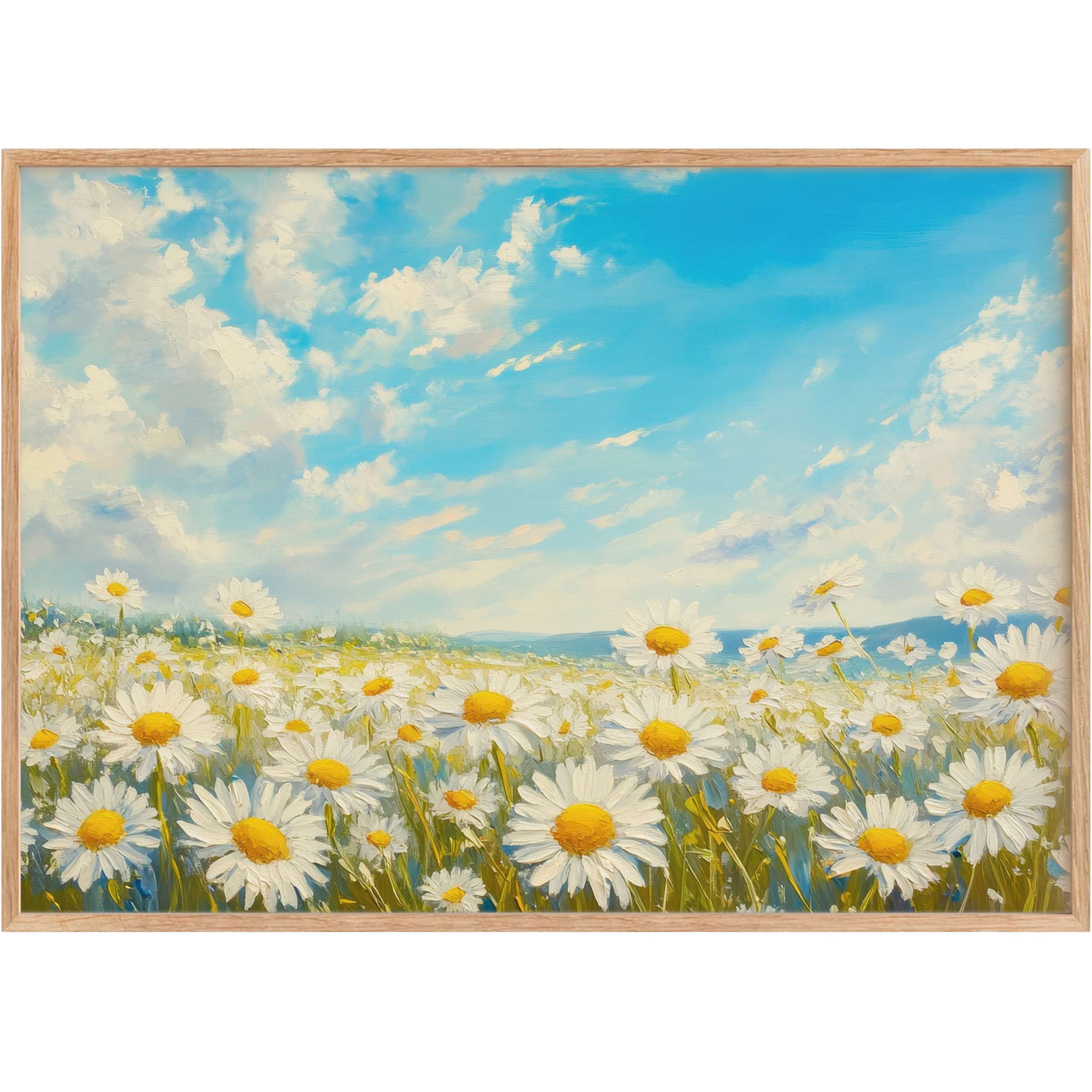 Radiant floral printable wall art blooming with white daisies against a serene blue sky, brightening any chic living space