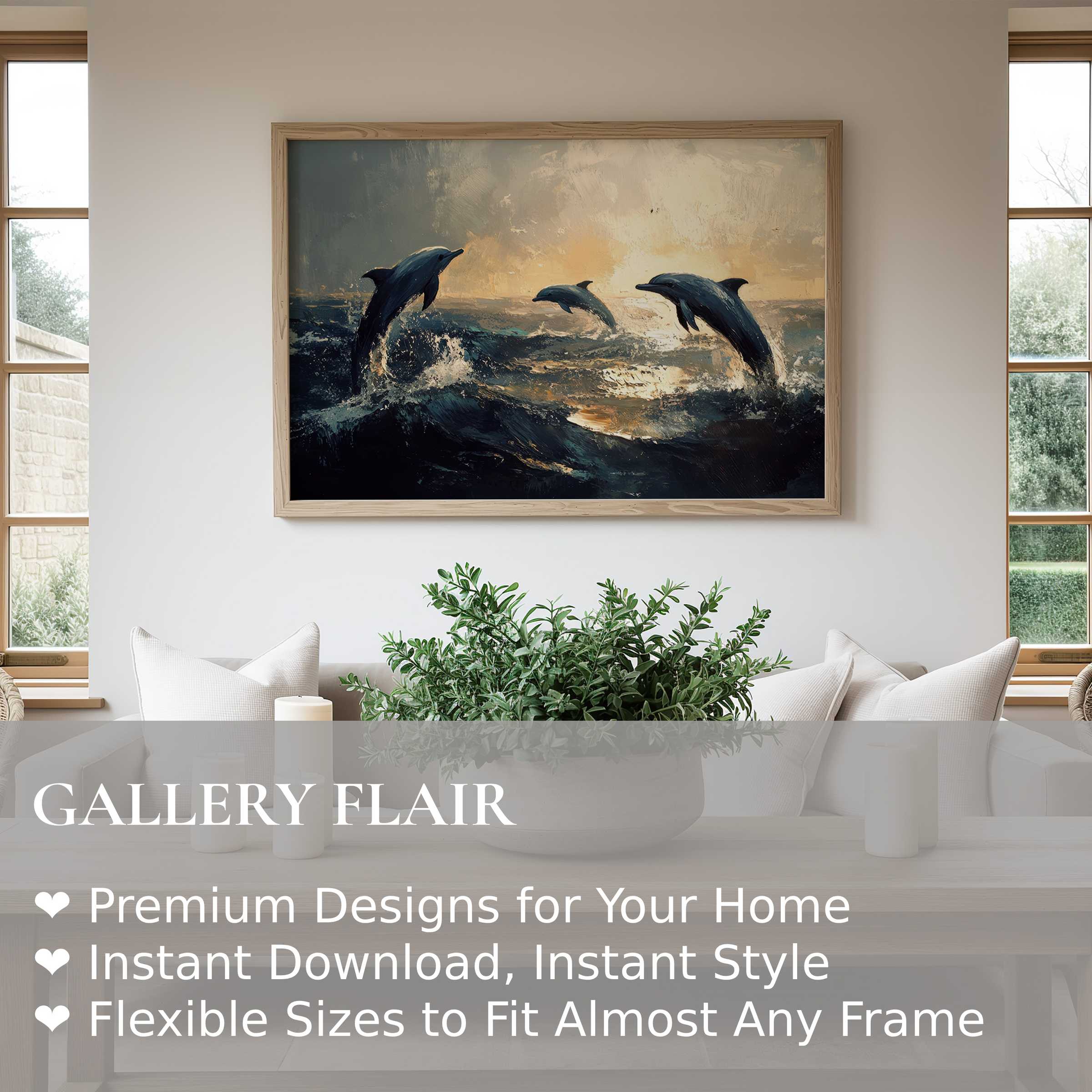 Elegant beach wall art print featuring dynamic dolphins leaping through radiant ocean waves, enhancing modern coastal decor with serene, bold energy