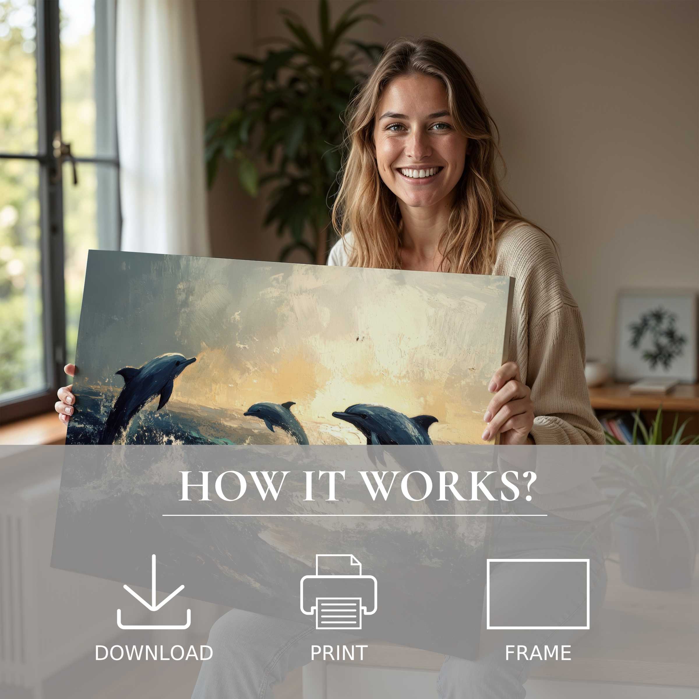 A radiant moment of connection and joy as a woman reveals a beach digital art print, bringing serene elegance and warmth to modern living