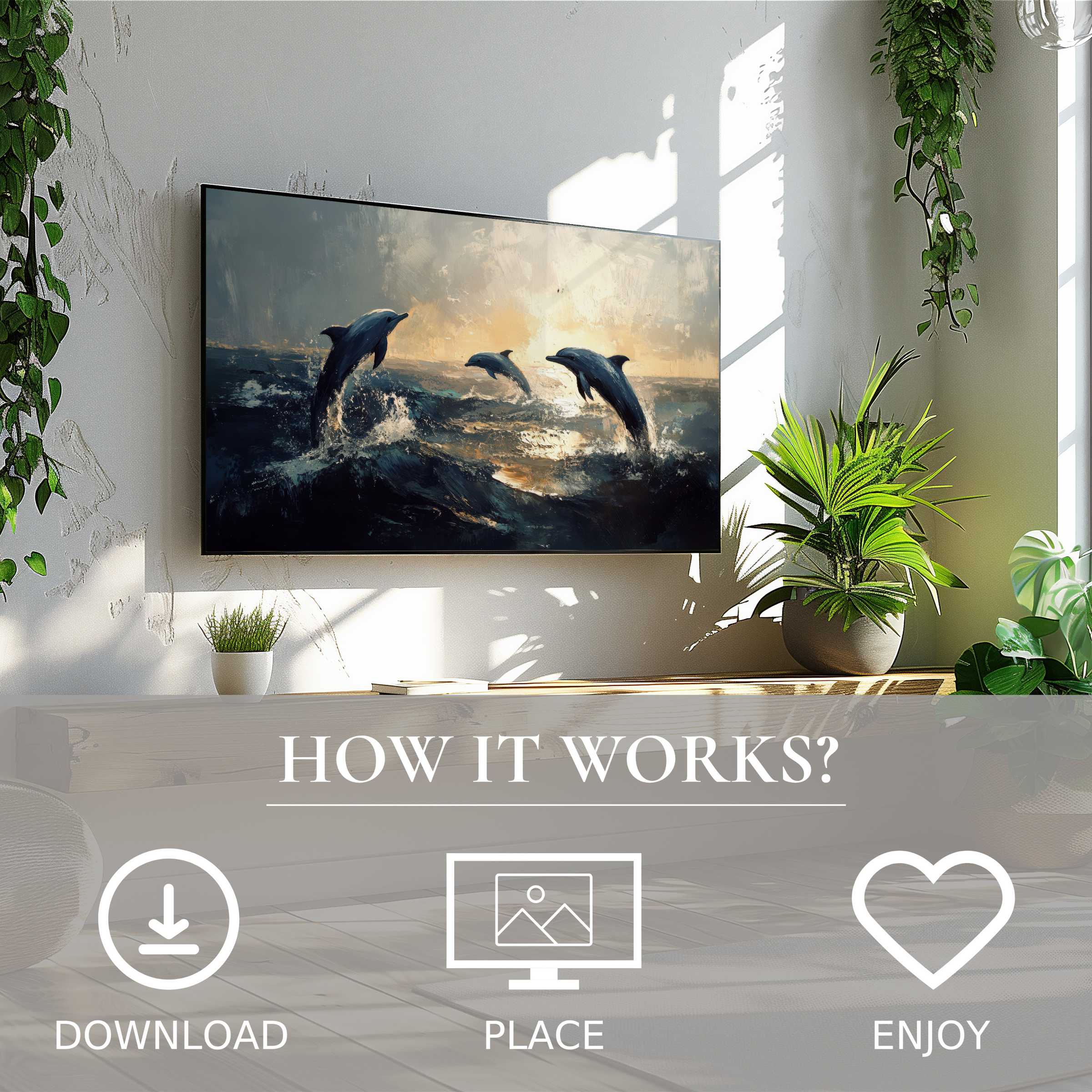 Modern living room with beach art for Samsung TV; digital download shows dolphins in sunset tones, enriching space