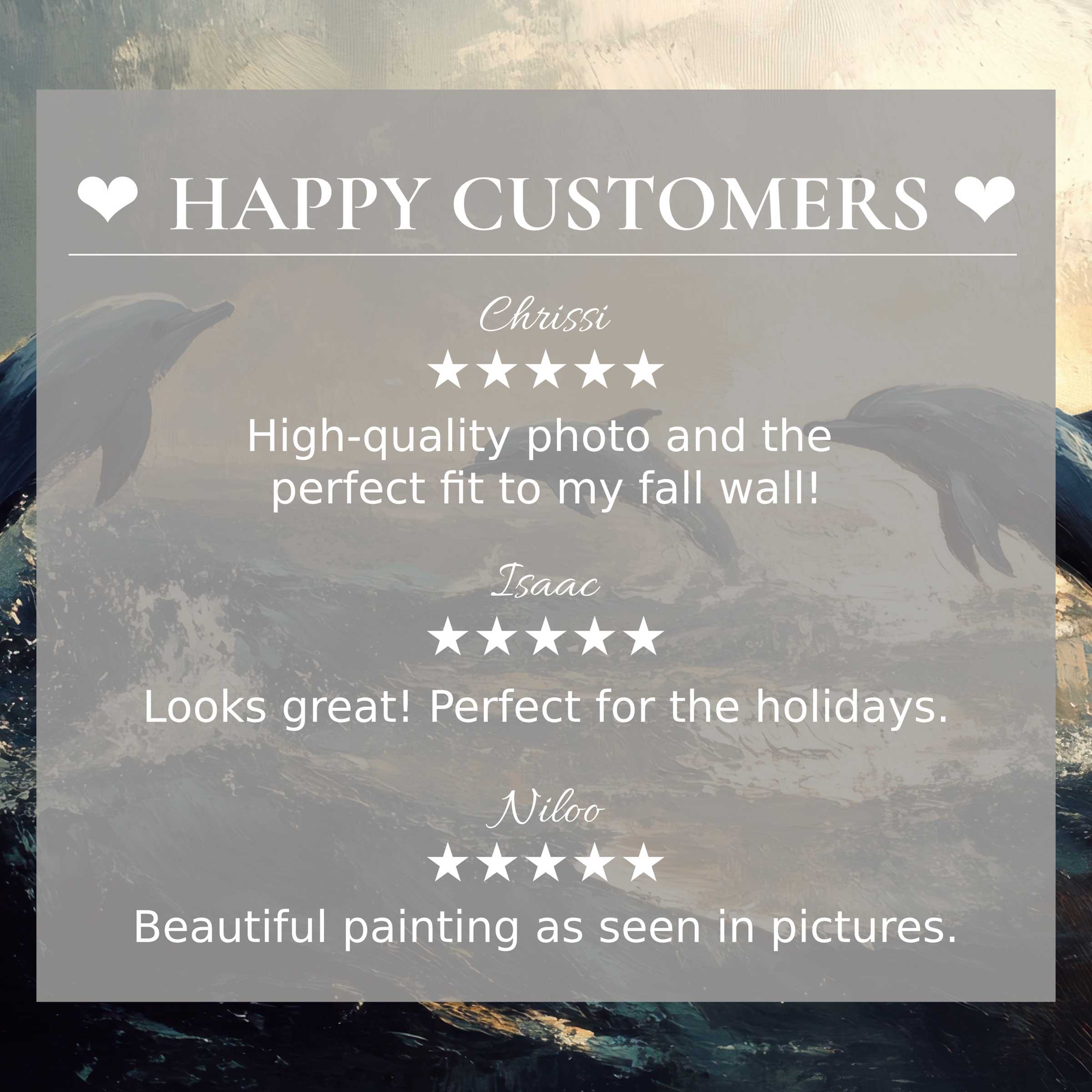Beach art for Frame TV with abstract ocean hues, glowing dolphins; layout builds trust with happy customer reviews