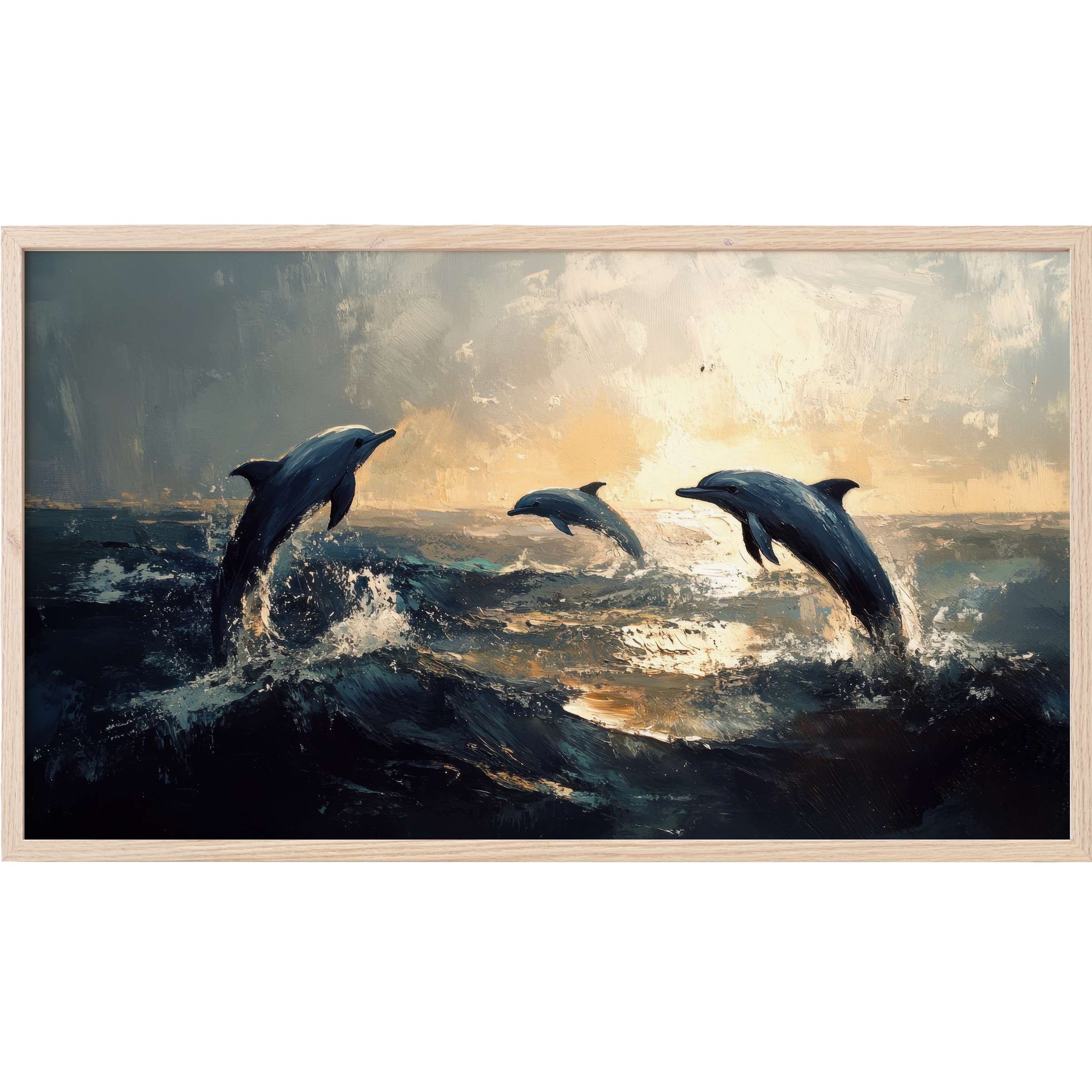 Elegant oil-style painting of dolphins leaping at dawn, rich blues and golds, beach Frame TV Art for modern interiors