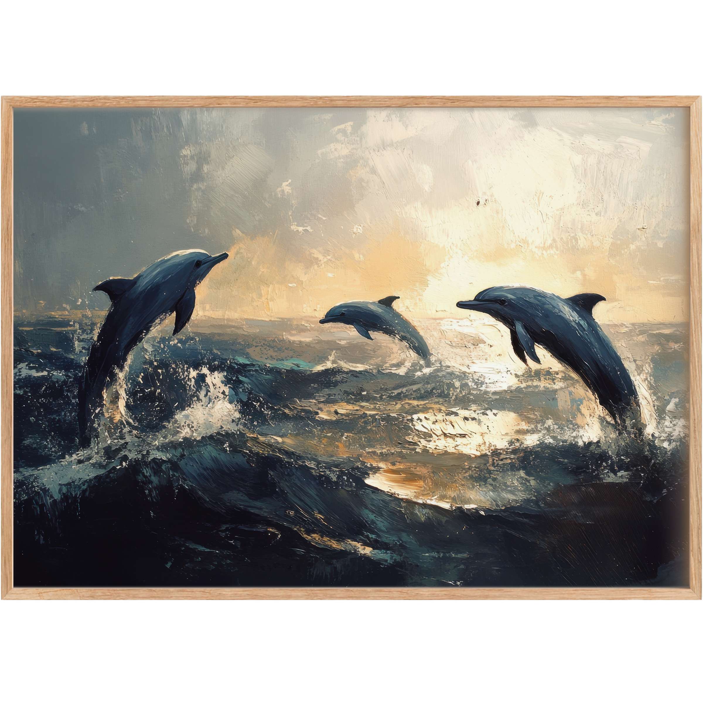 Graceful dolphins leap through deep navy waves under a golden twilight sky, evoking serene luxury in beach printable wall art