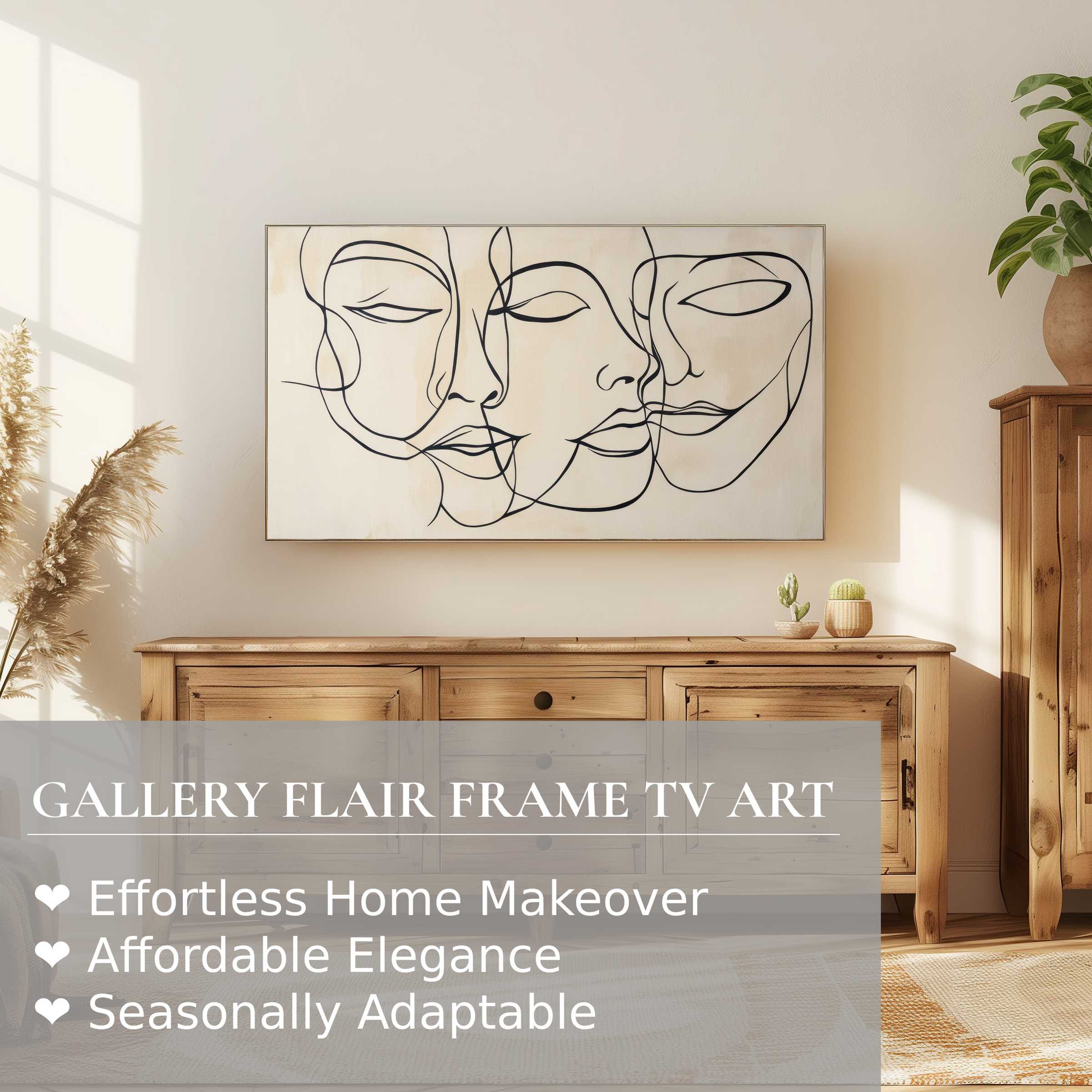 Neutral digital artwork of abstract faces on a Samsung Frame TV, enhancing a modern, elegant home decor setting