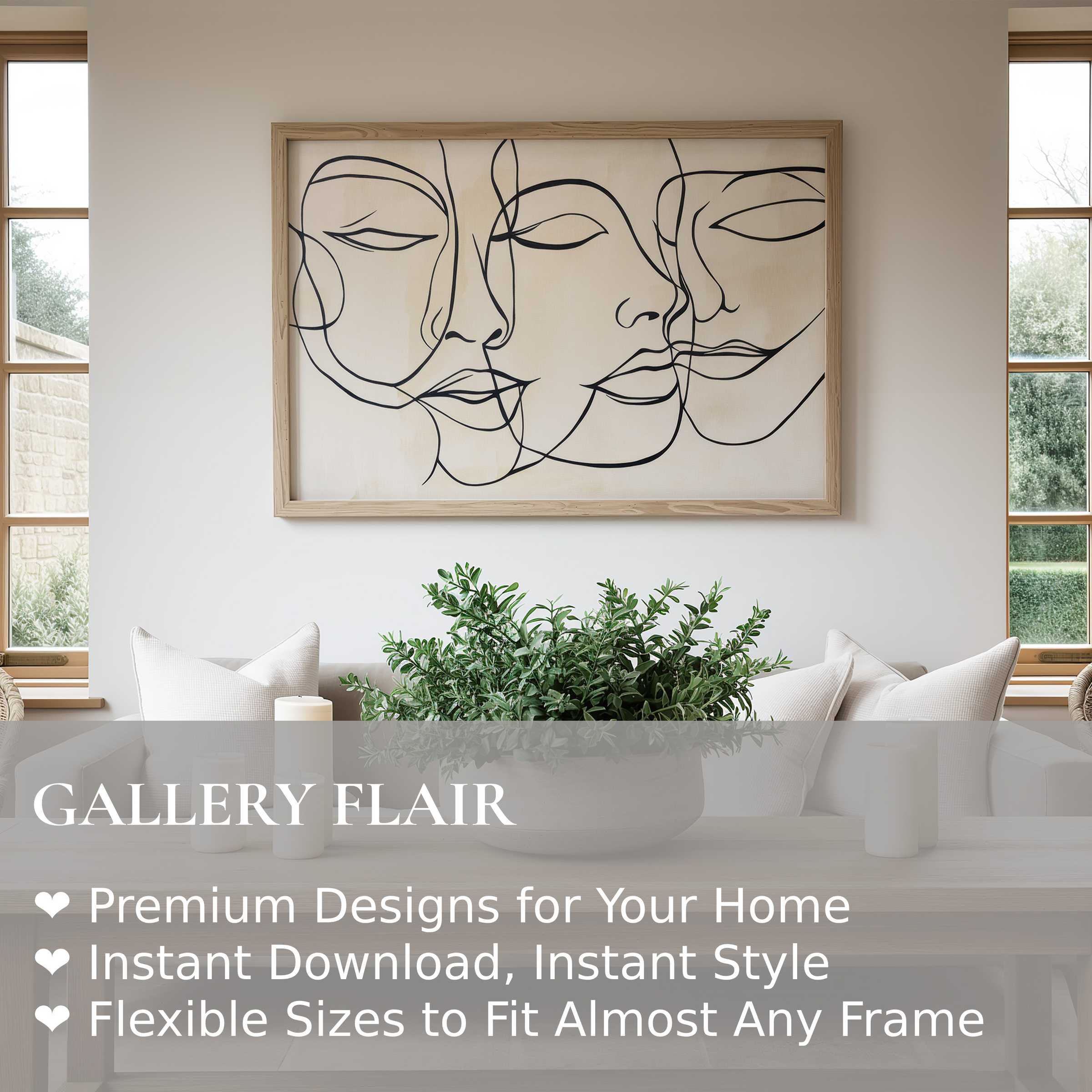 Neutral wall art print features elegant continuous line faces in soft black on creamy canvas, radiating calm sophistication Perfect for modern minimalist interiors, this refined piece enhances the serene ambiance with subtle artistic depth and timeless contemporary style