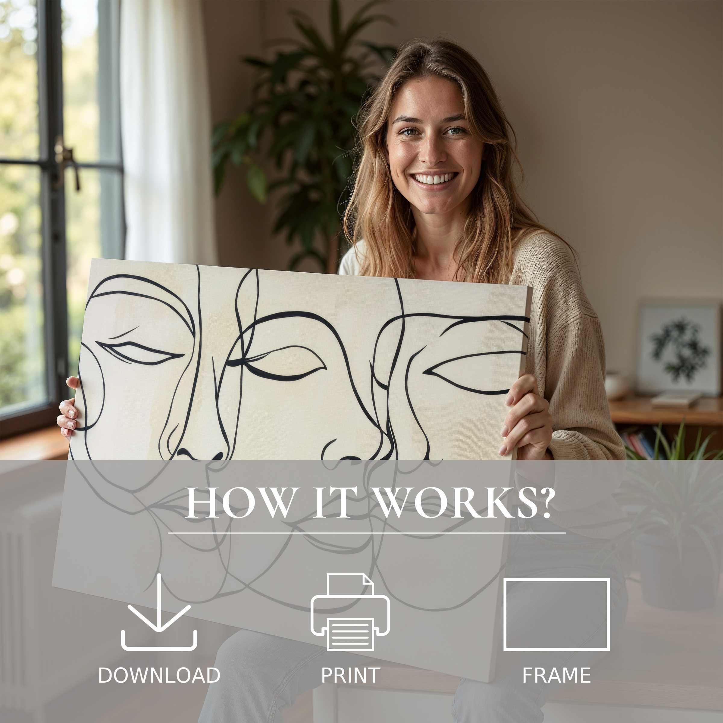 A joyful woman in a serene modern home shares a neutral digital art print, embodying effortless elegance and the joy of living with art