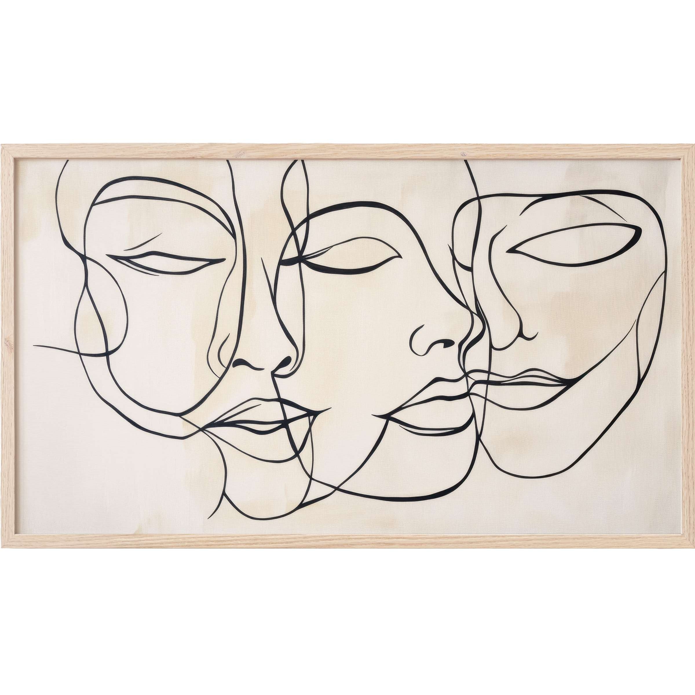 Elegant minimalistic black line faces on a soft beige background framed in light wood, a neutral Frame TV Art