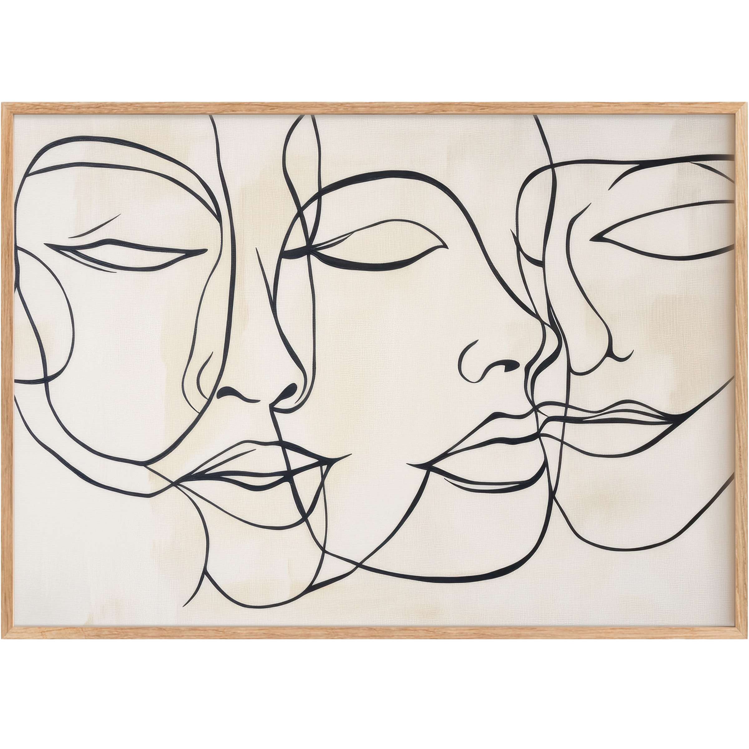 Neutral printable wall art featuring elegant, intertwined black line faces on soft beige, evoking a serene, sophisticated ambiance