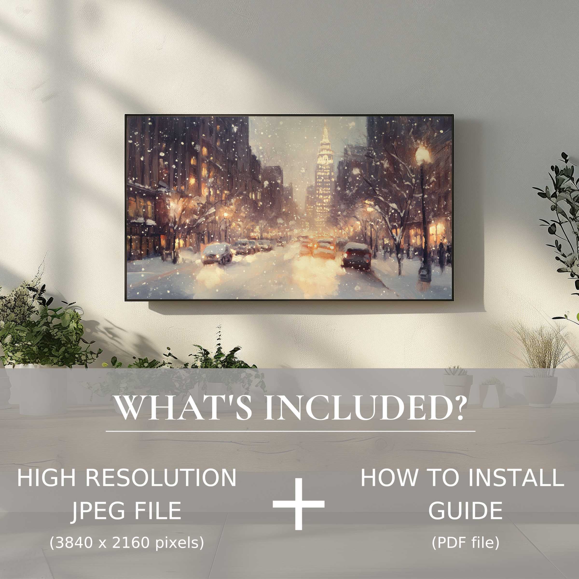 Elegant living room with glowing cityscape on TV, a christmas digital TV art download that enhances any space easily