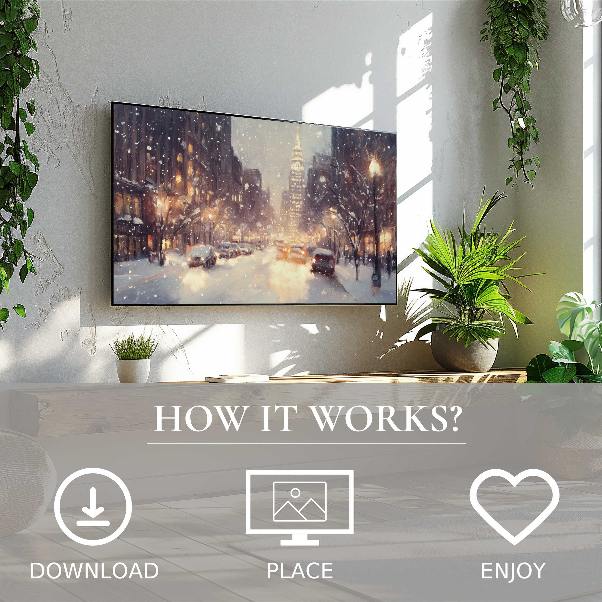 Cozy living room with easy digital download; christmas art for Samsung TV shows warm snowy cityscape motif