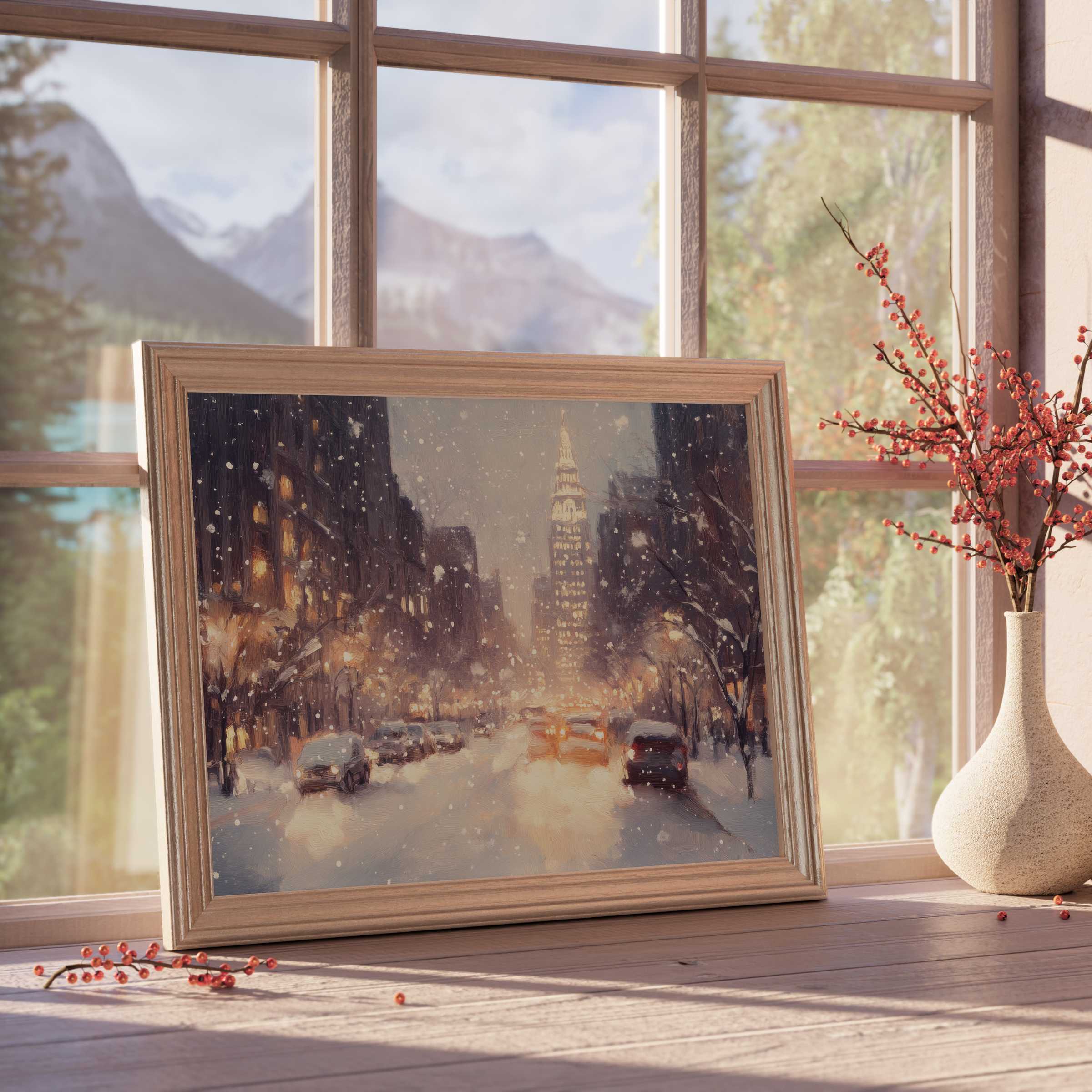 Christmas downloadable art capturing a serene snowy cityscape with glowing streetlights, perfect for refined, tranquil interiors