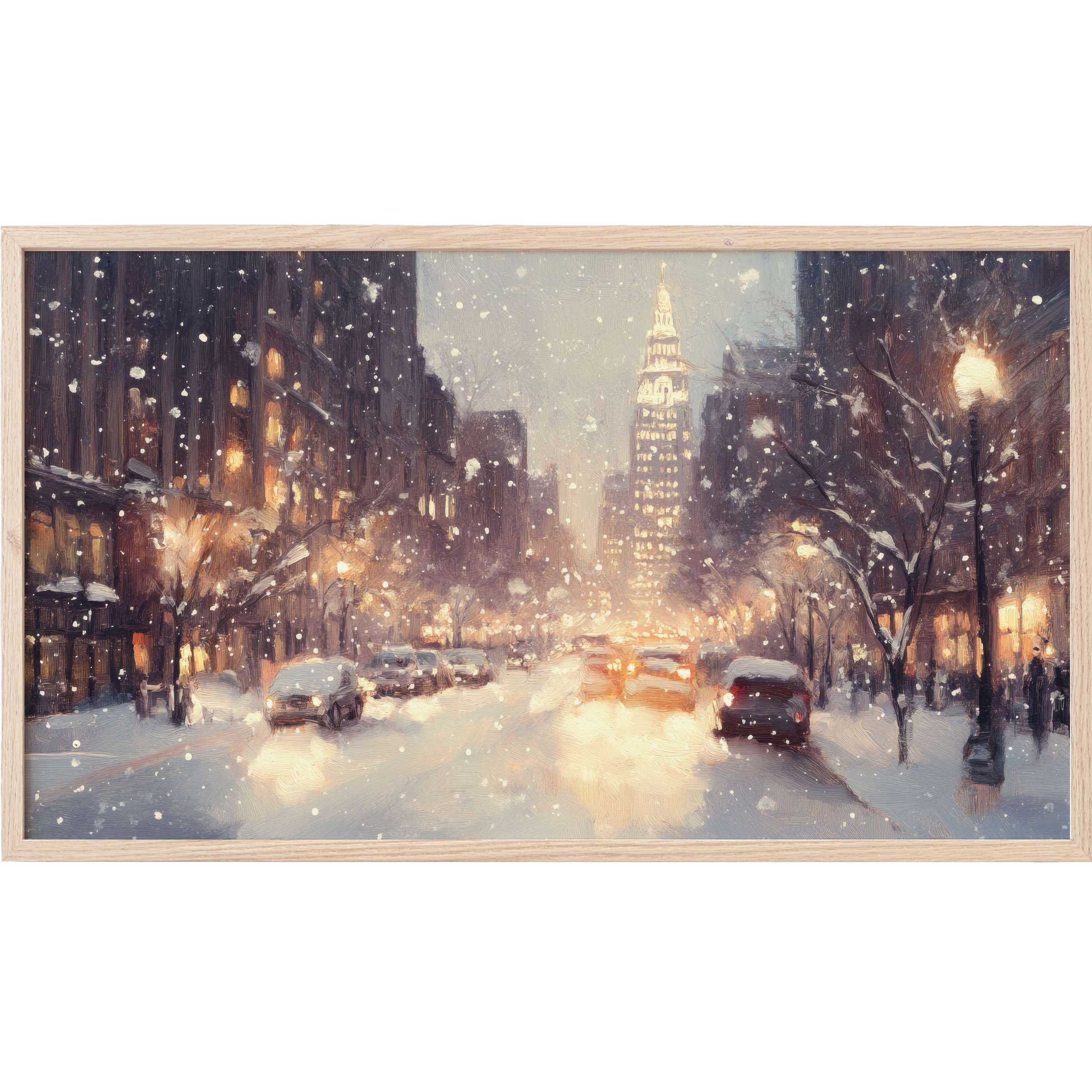 Elegant snowy cityscape in muted tones with glowing lights, capturing winter warmth and charm, christmas Frame TV Art