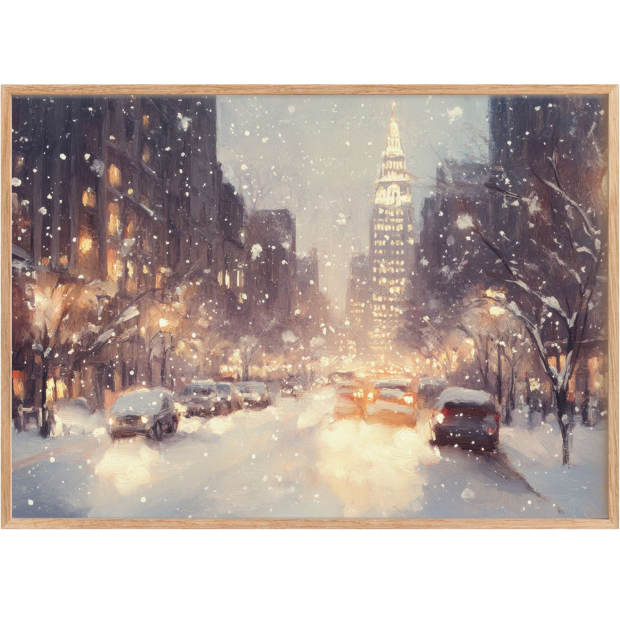 Enchanting Christmas printable wall art capturing a snowy urban evening aglow with warm amber lights, evoking serene winter elegance