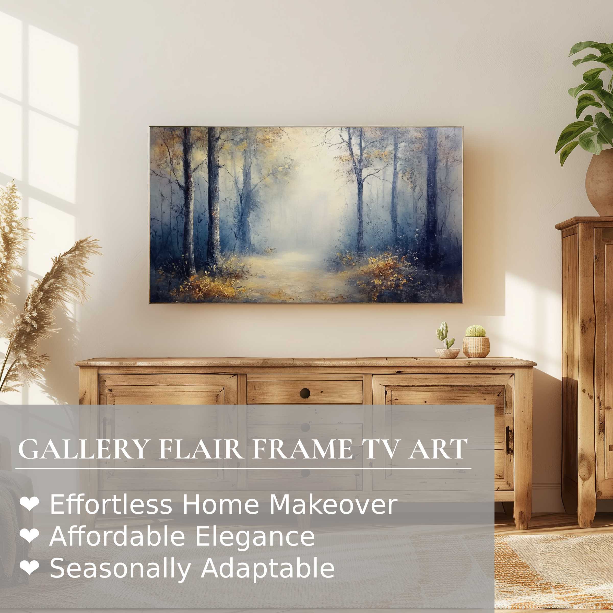 Elegant landscape digital artwork of a misty forest on Samsung Frame TV, perfect for refined home decor