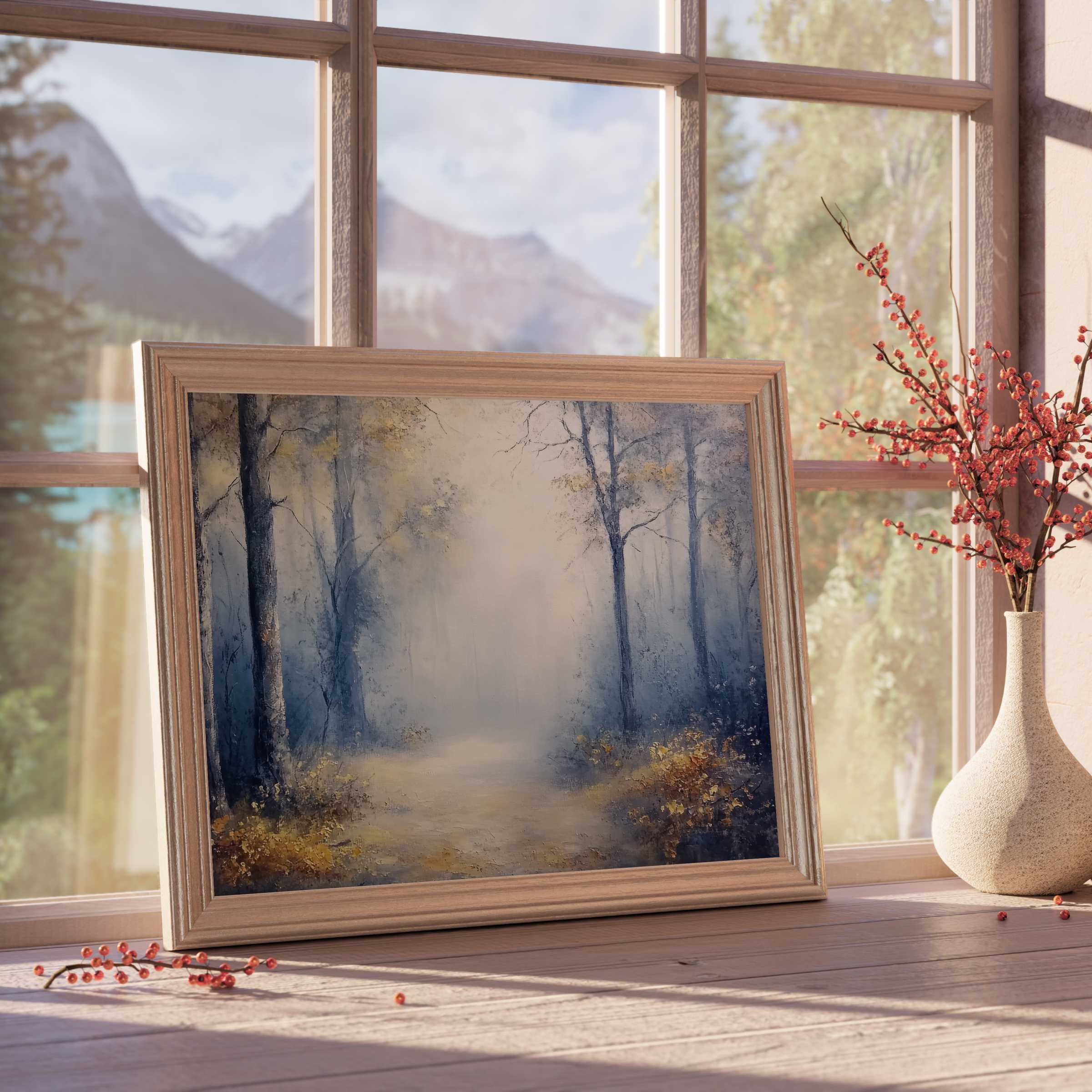 Mist-kissed woodland pathway in serene hues, a landscape downloadable art that enriches tranquil, curated interiors with subtle warmth