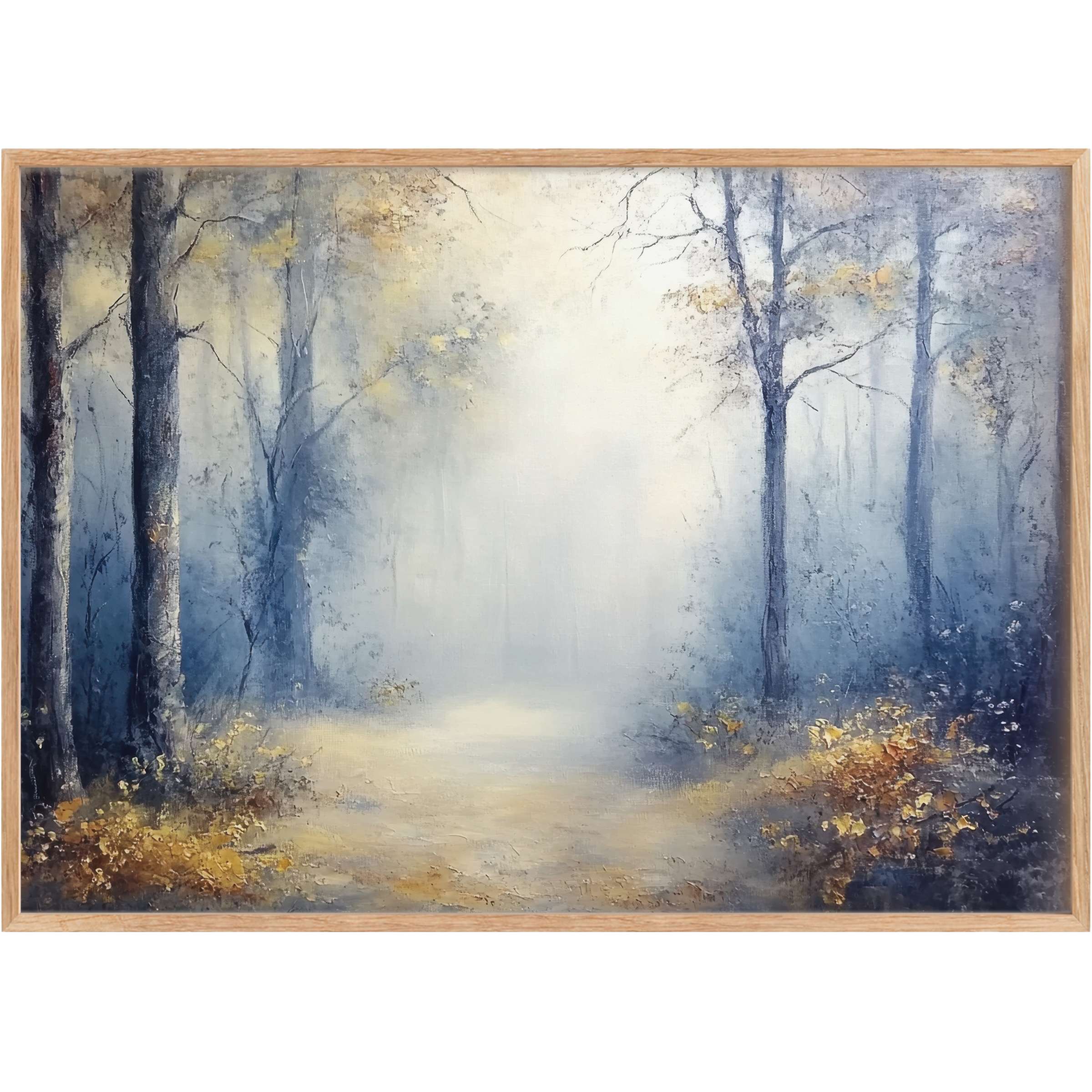 Ethereal landscape printable wall art with misty blues and soft golds, creating a serene, luminous forest retreat