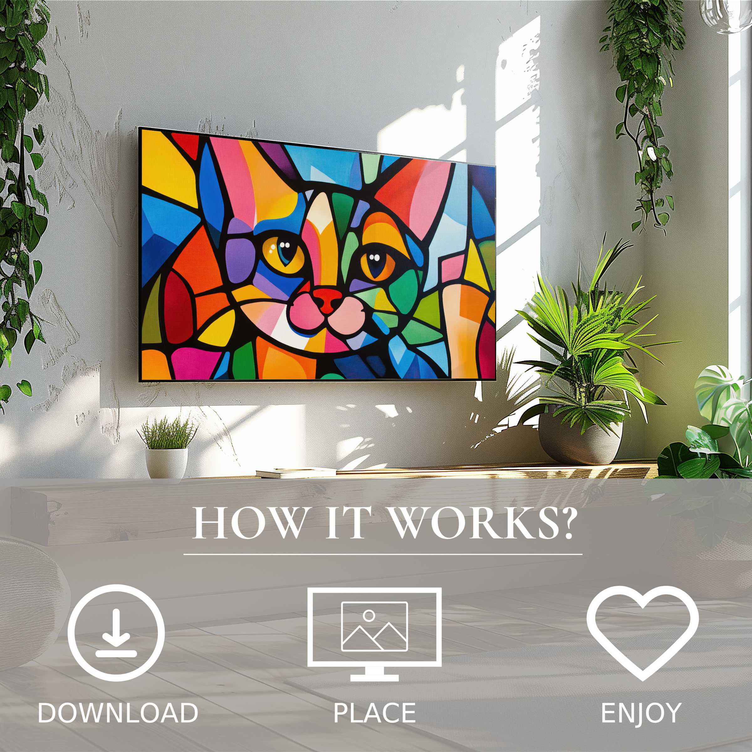 Pop art art for Samsung TV shows vibrant cat motif; easy digital download enriches bright, green-filled modern living space
