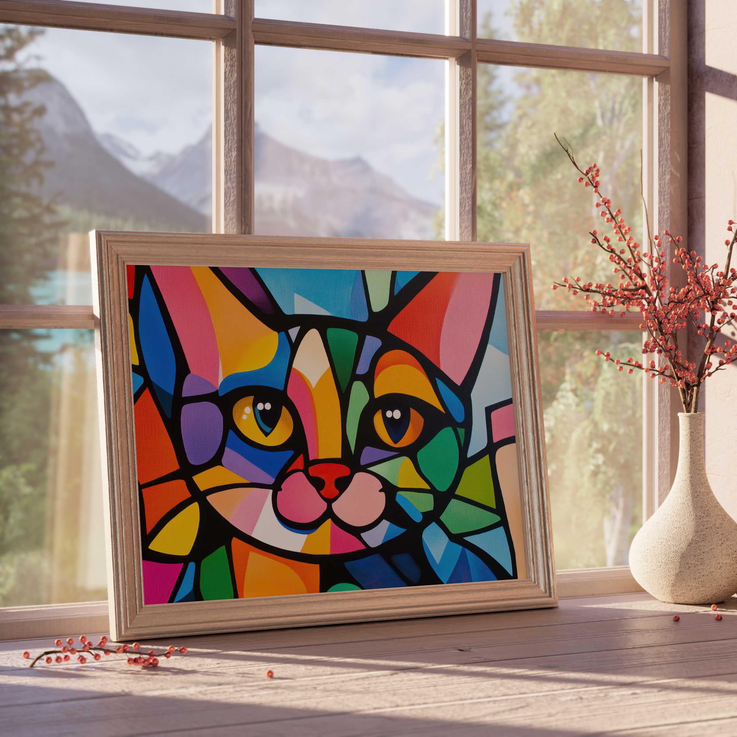 Vibrant pop art downloadable art featuring a kaleidoscopic cat face, enriching curated interiors with playful elegance and bold color harmony