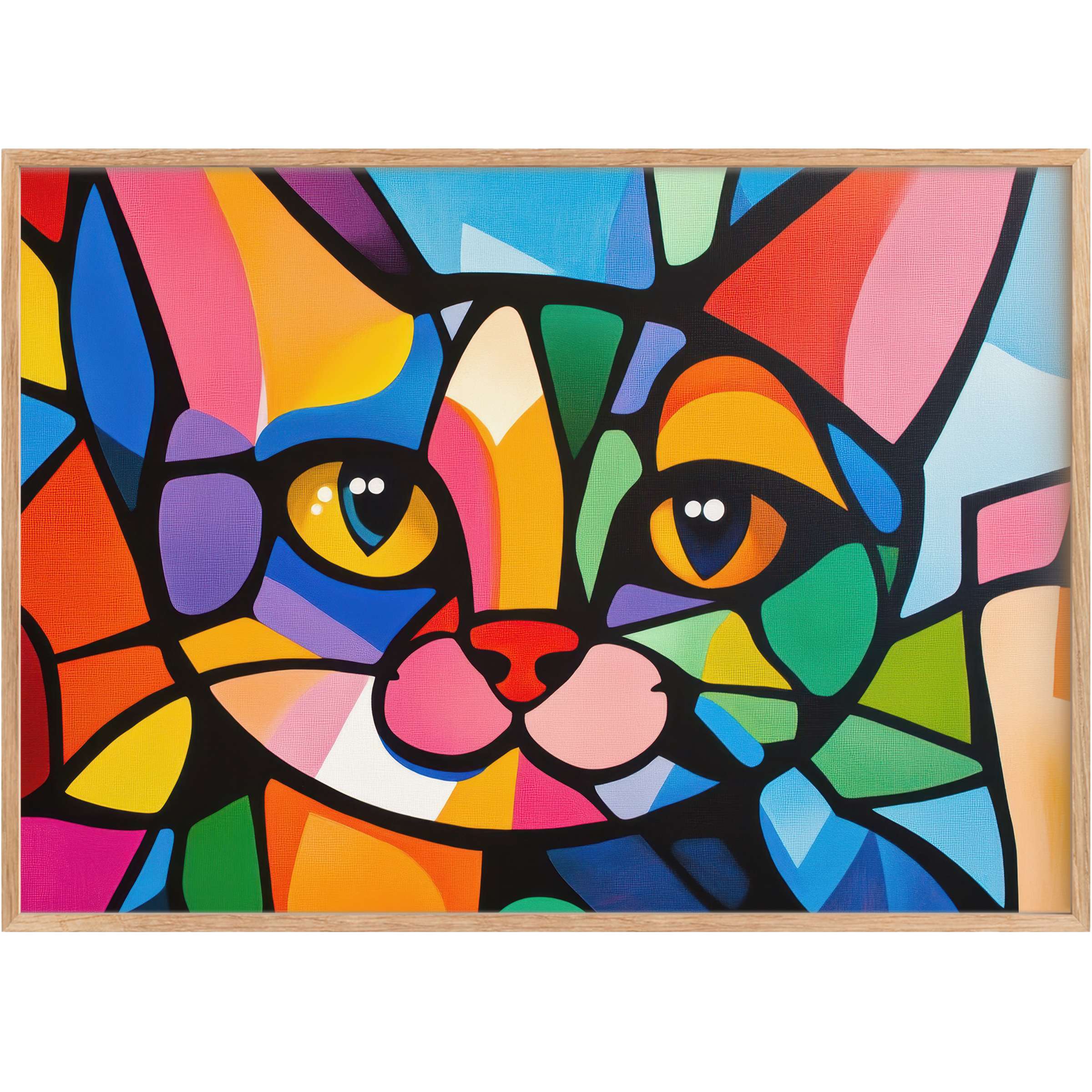 Vibrant pop art printable wall art featuring a colorful cat portrait that energizes interiors with bold yellows, blues, and greens