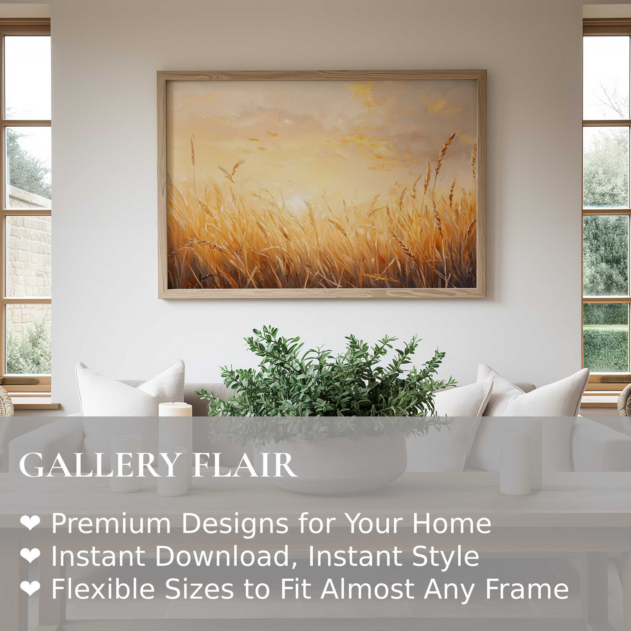 Vintage wall art print capturing golden wheat fields at sunset, radiating warmth and serenity in a modern, natural-inspired living room
